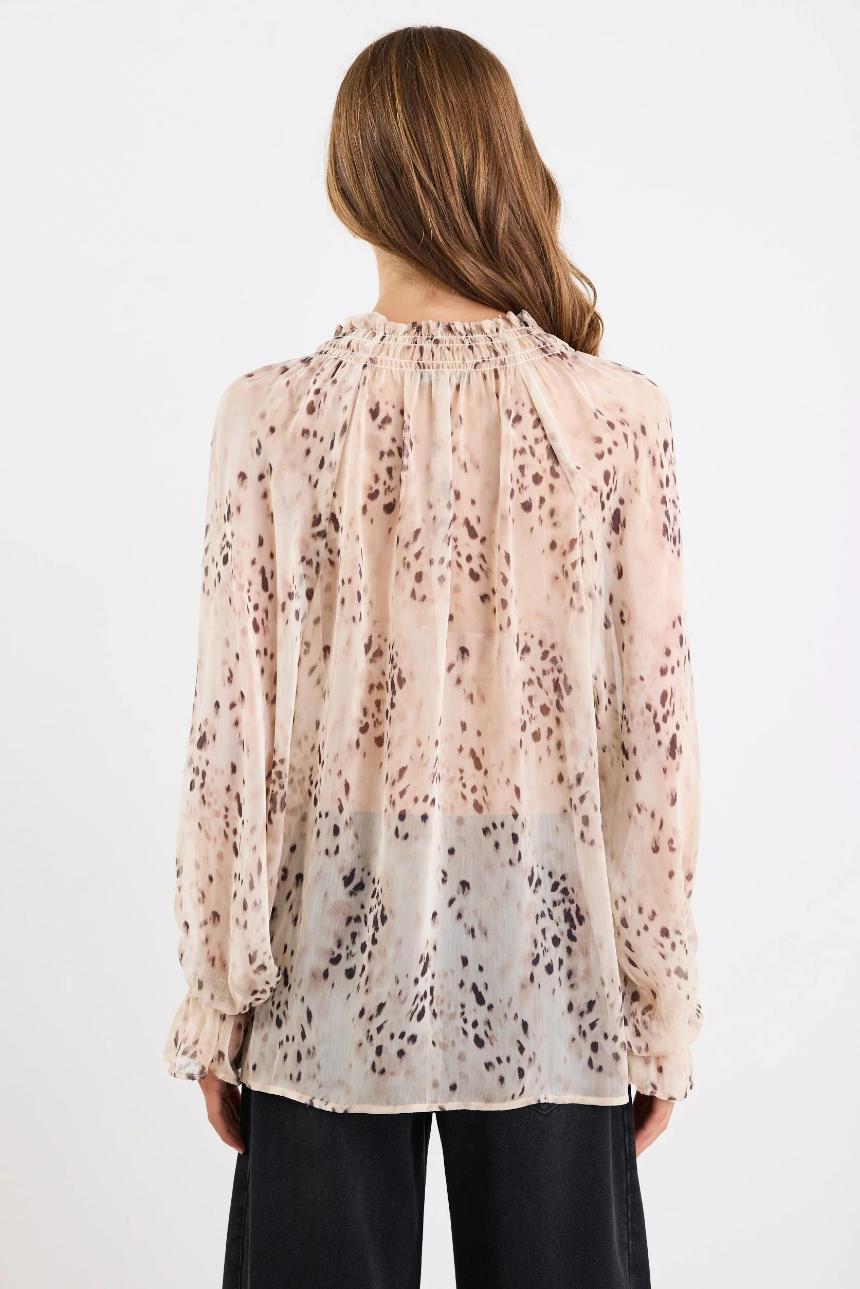 Odyssey Beige Leopard Georgette Shirred Neck LS Top - Image 5