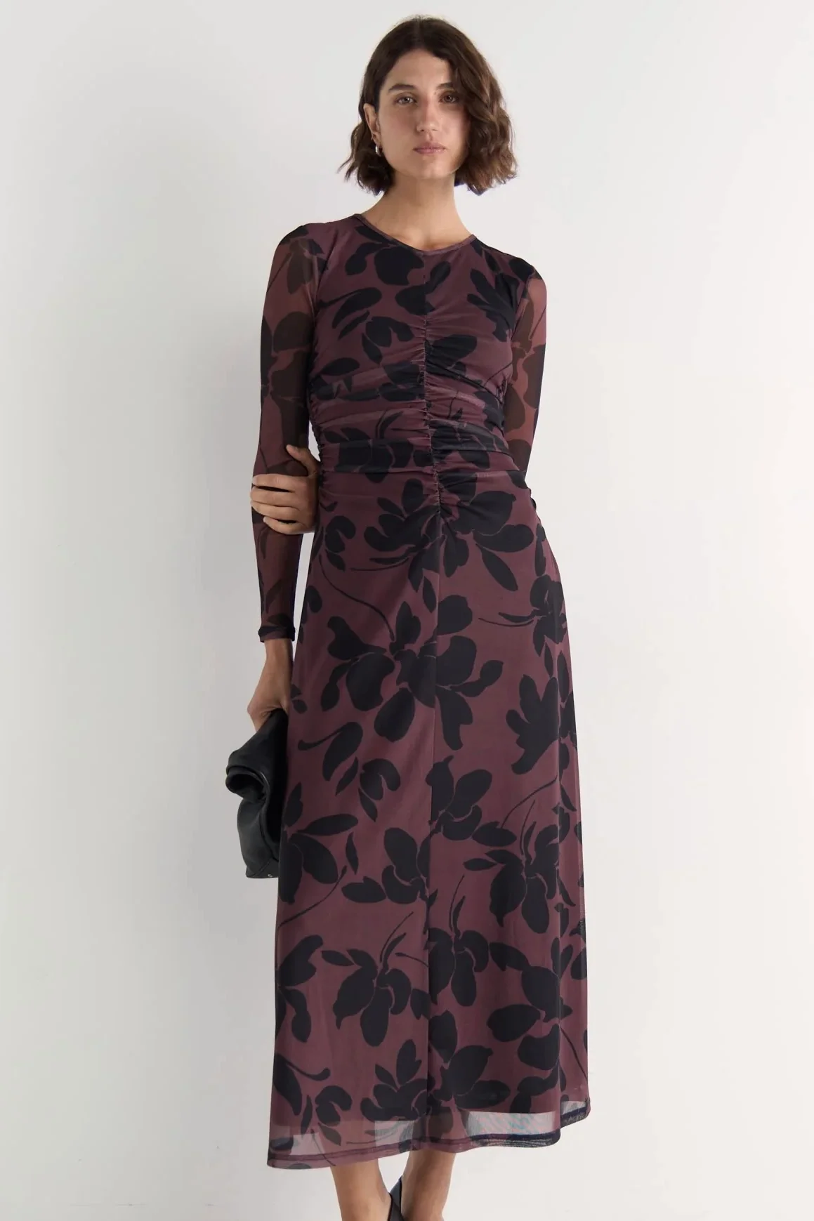 Olina Brown Floral Mesh Maxi Dress