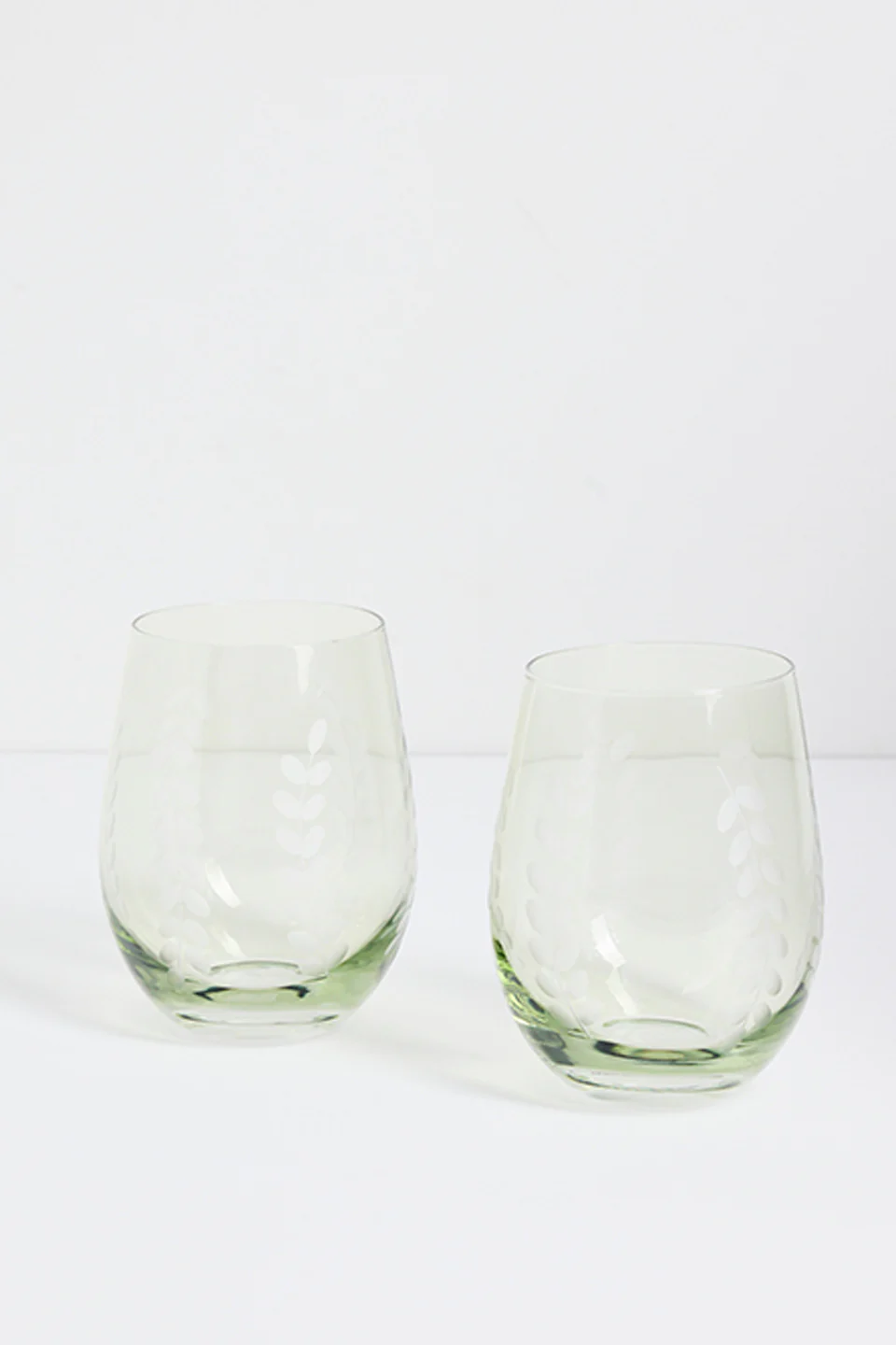 Olive Green Etched Leaf Set 2 Stemless Wine Glasses