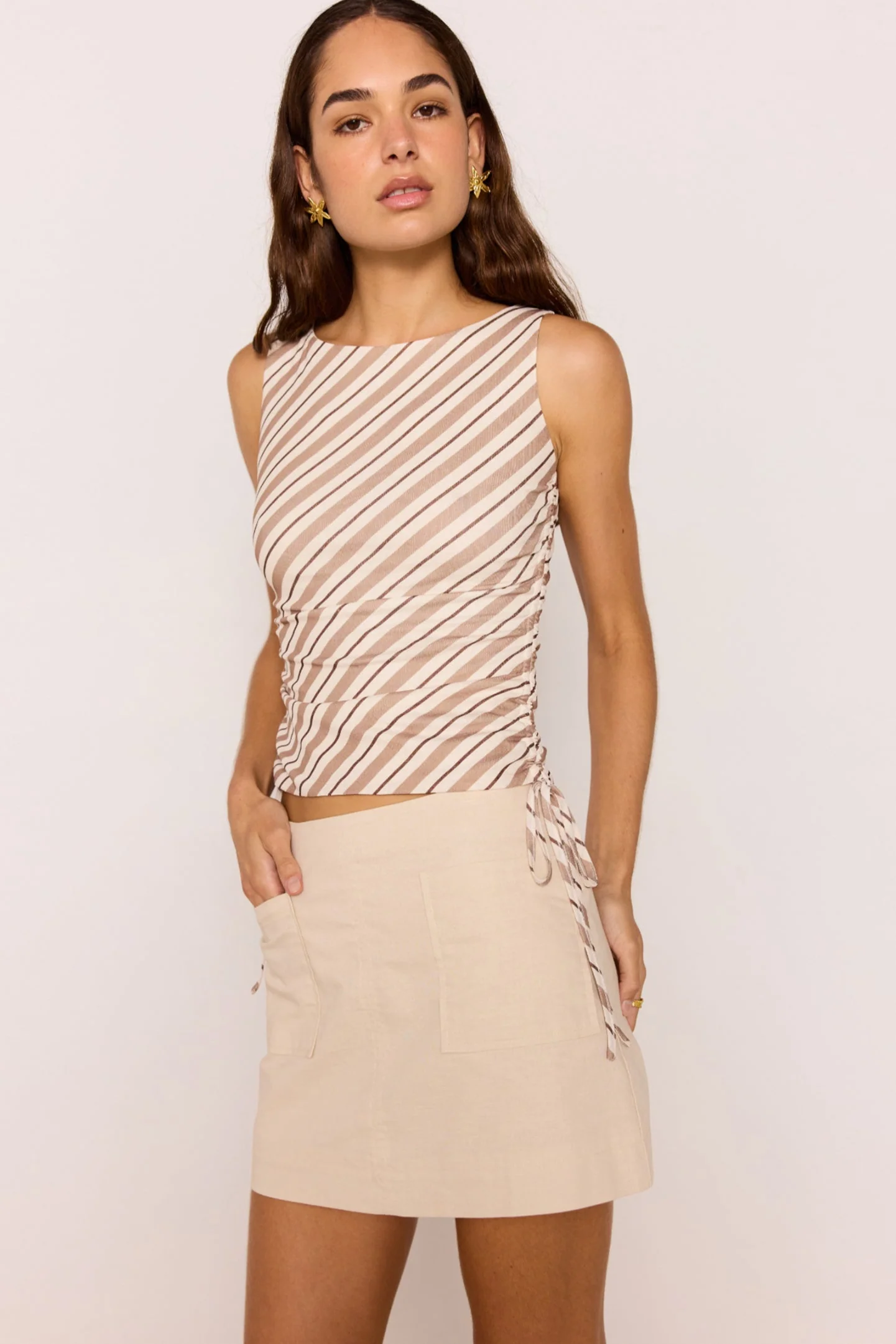 Orielle Brown Cream Stripe Mesh Sleeveless Top