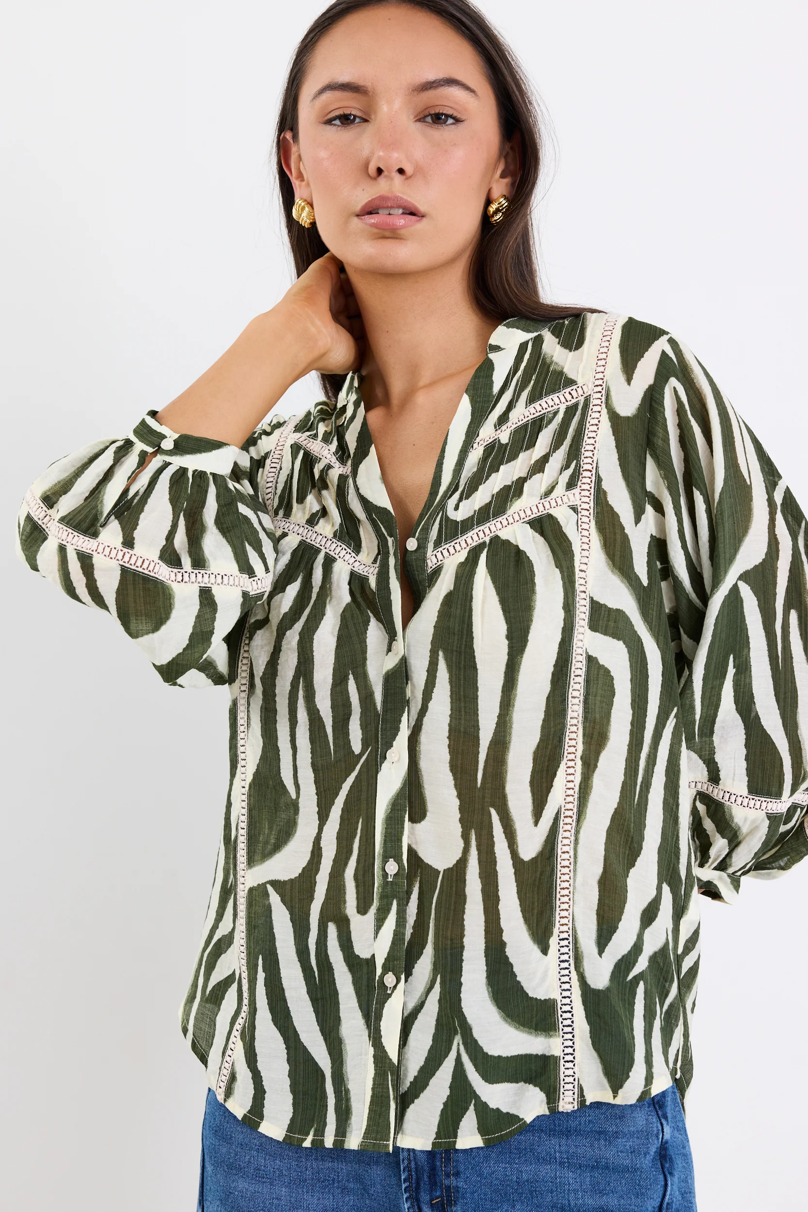 Ornamental Khaki Zebra Lace Insert Pintuck SS Shirt