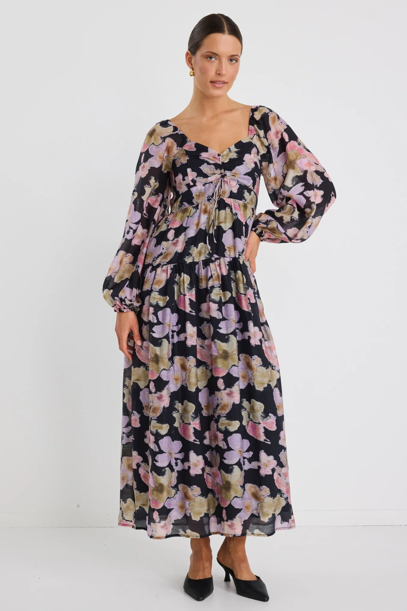 Ornelle Black Pressed Flower LS Tiered Maxi Dress - Image 2