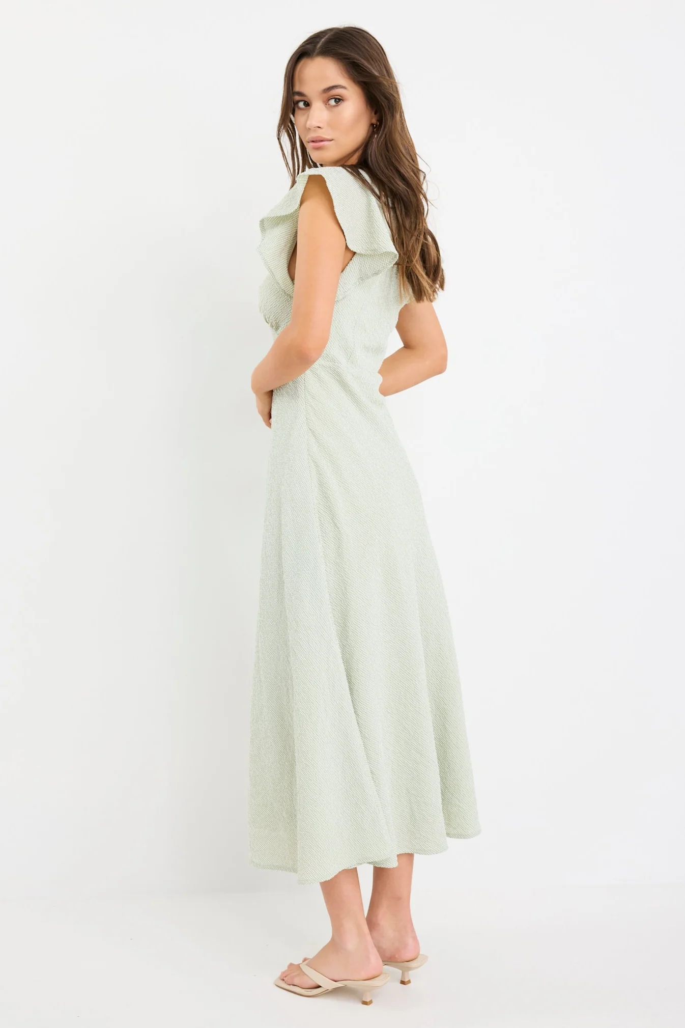 Ovation Sage Gingham Flutter SS Keyhole Tie Midi Dress - Image 4