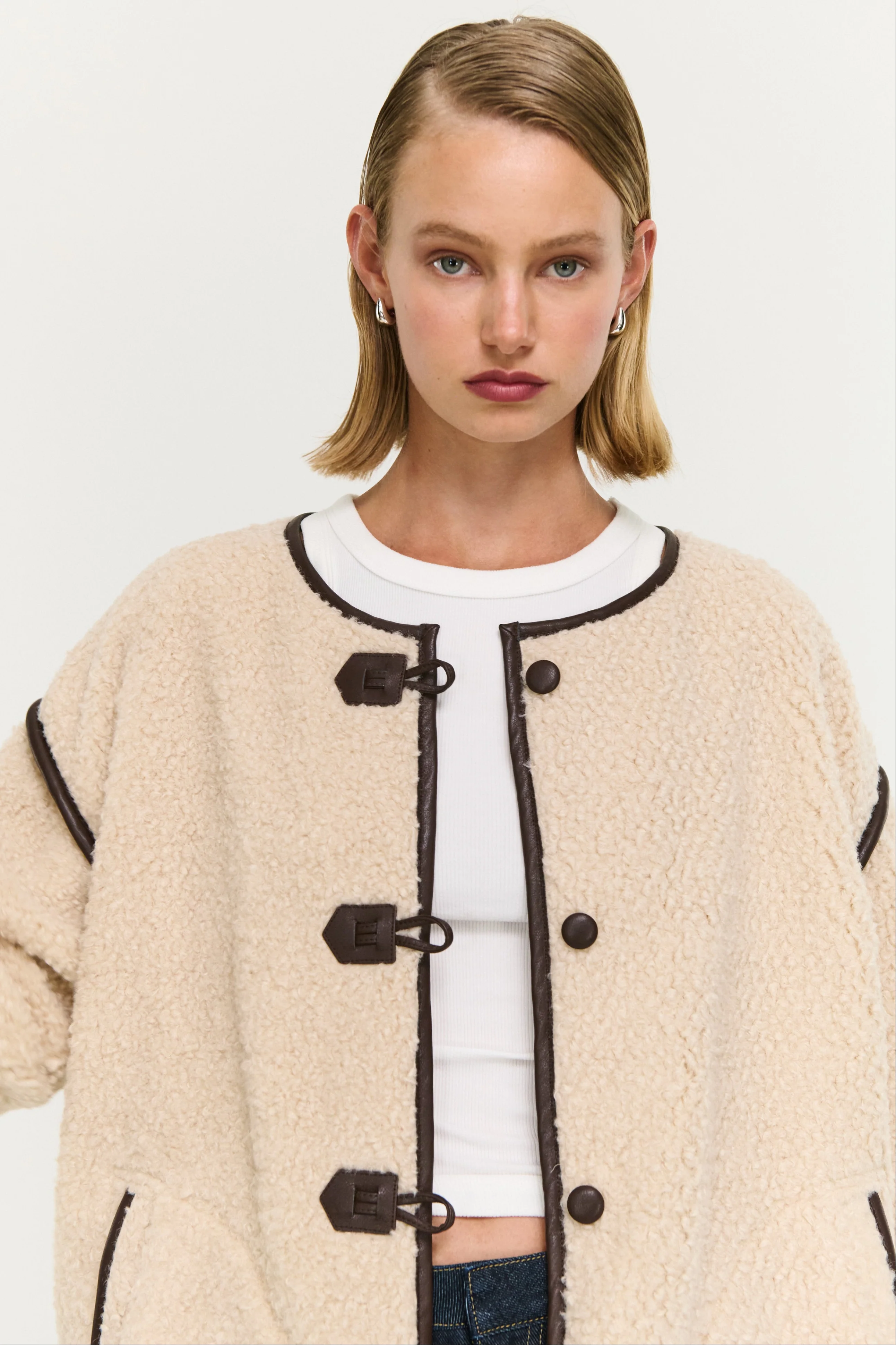 Pascal Beige Teddy Chocolate Trim Duffle Coat - Image 2