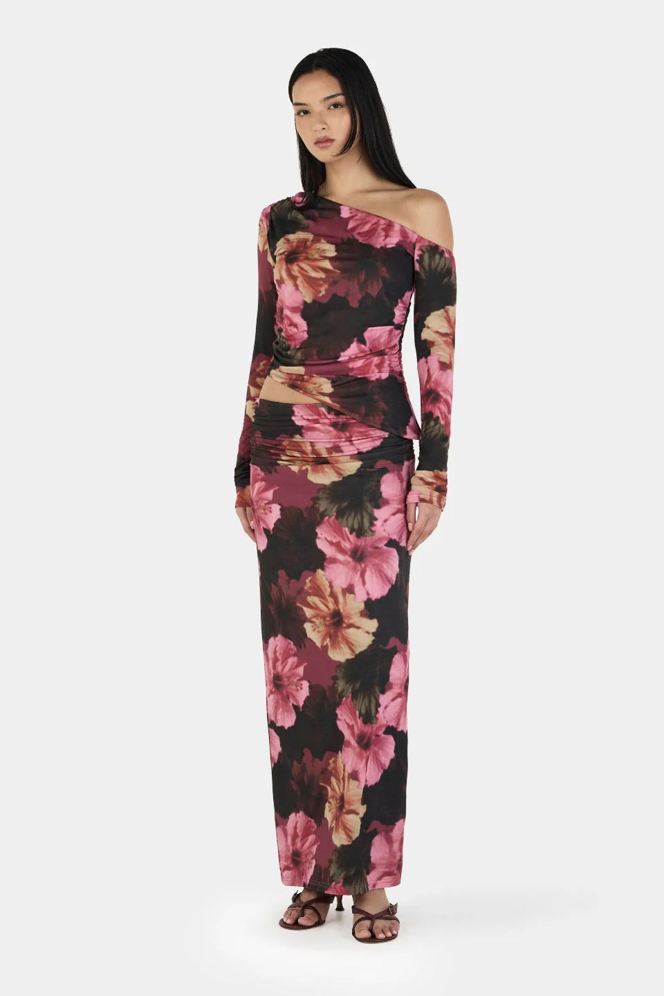 Pearla Winter Hibiscus Print Asym Neck LS Top - Image 2