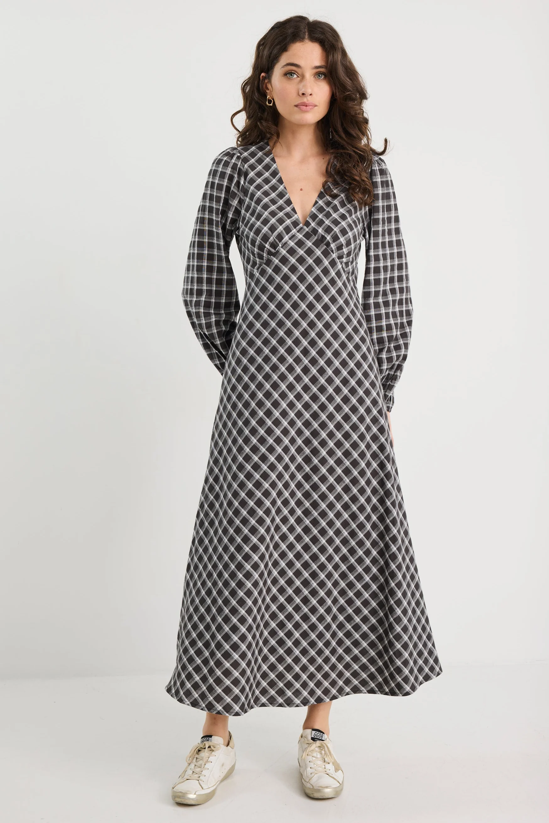 Phoenix Black White Check Balloon Sleeve Midi Dress
