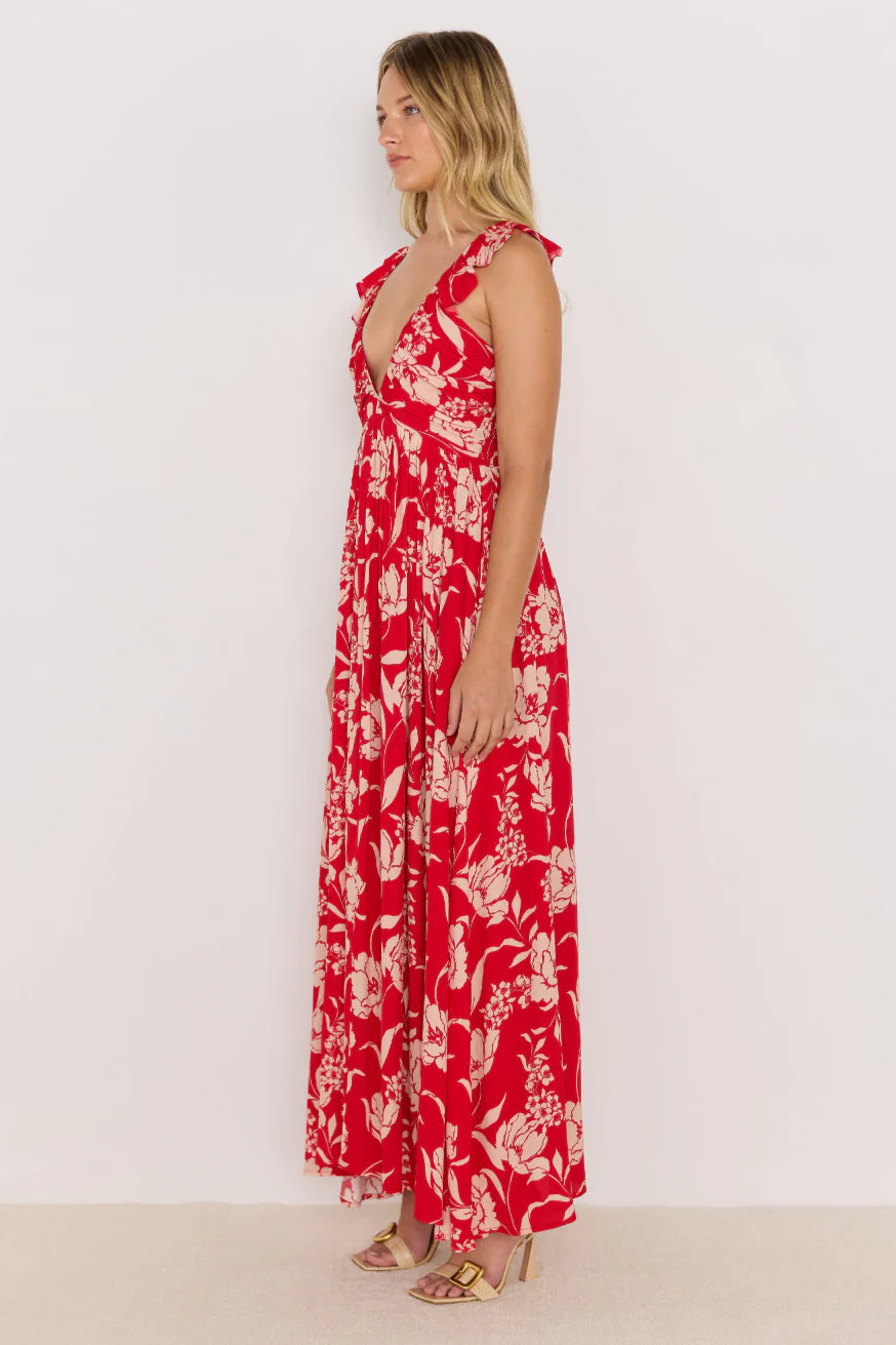 Poppy Red Floral Ruffle Sleeveless Maxi Dress - Image 3