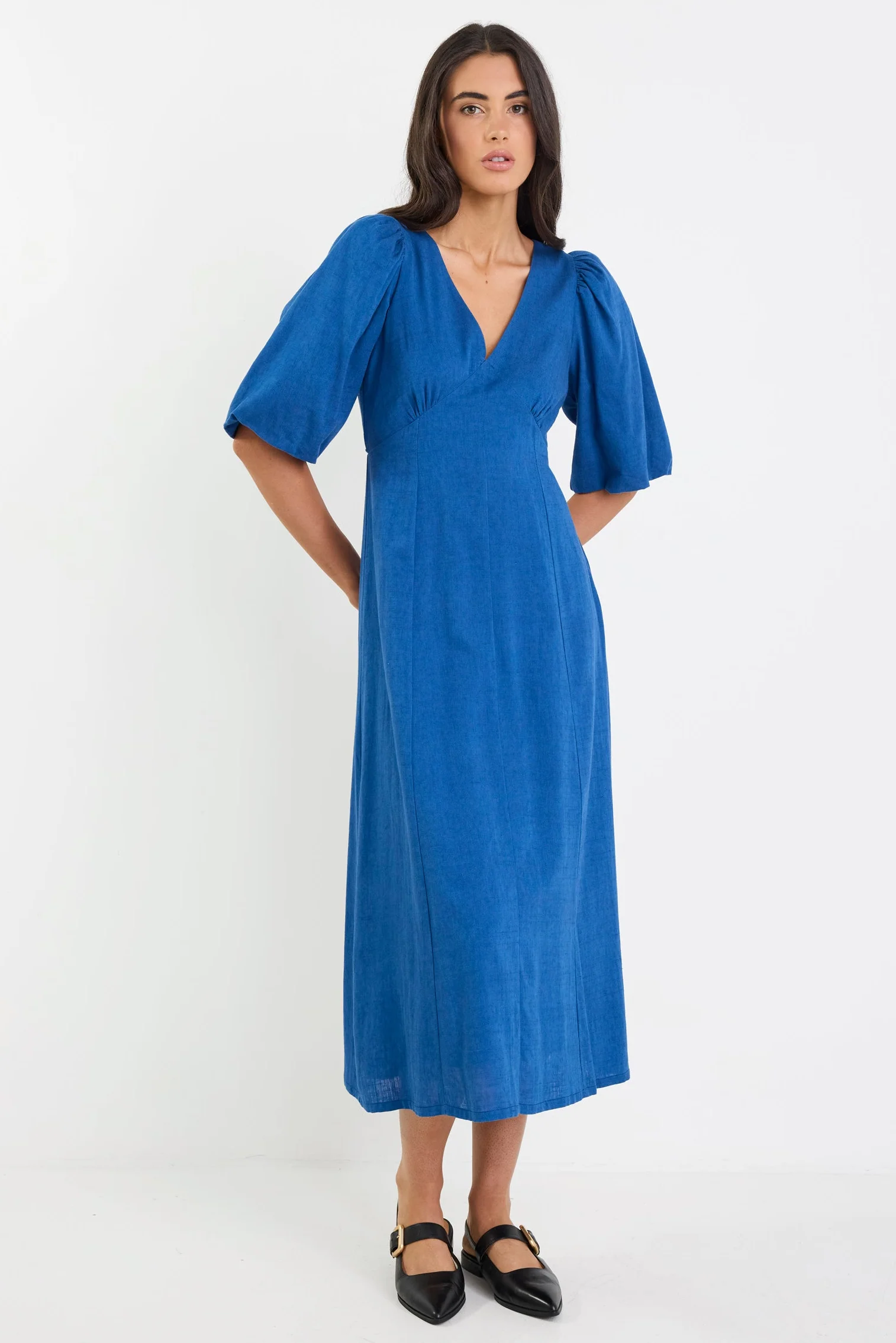 Port True Blue Mid Sleeve V Neck Midi Dress