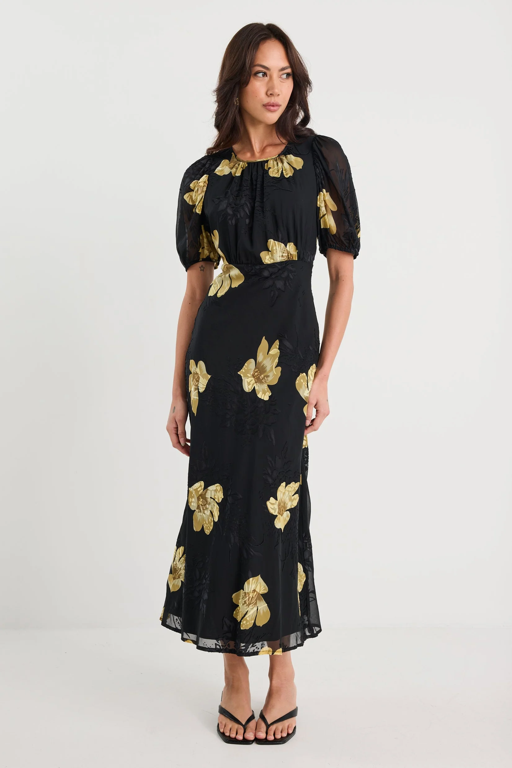Precious Black Yellow Floral Puff Sleeve Midi Dress