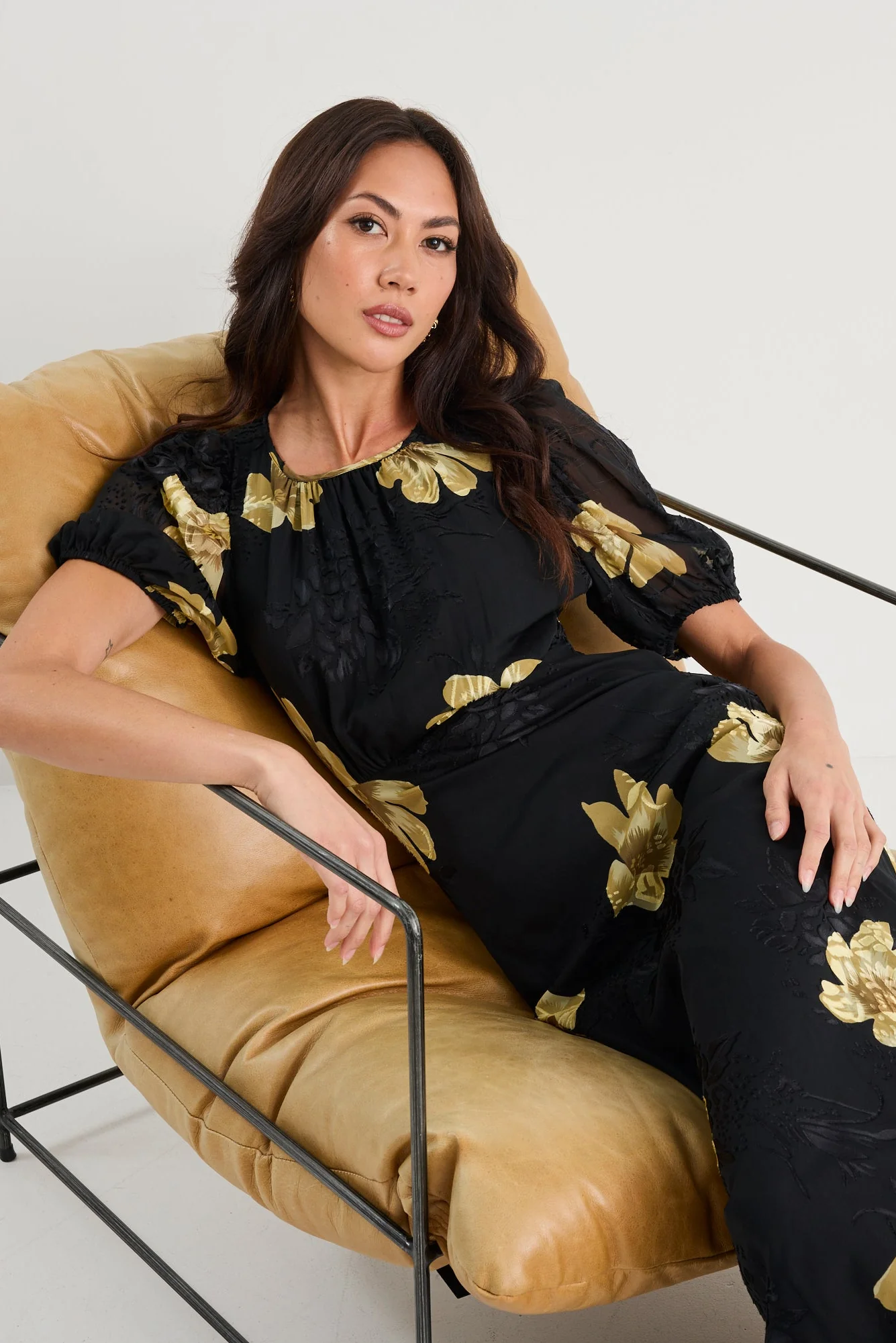 Precious Black Yellow Floral Puff Sleeve Midi Dress - Image 2