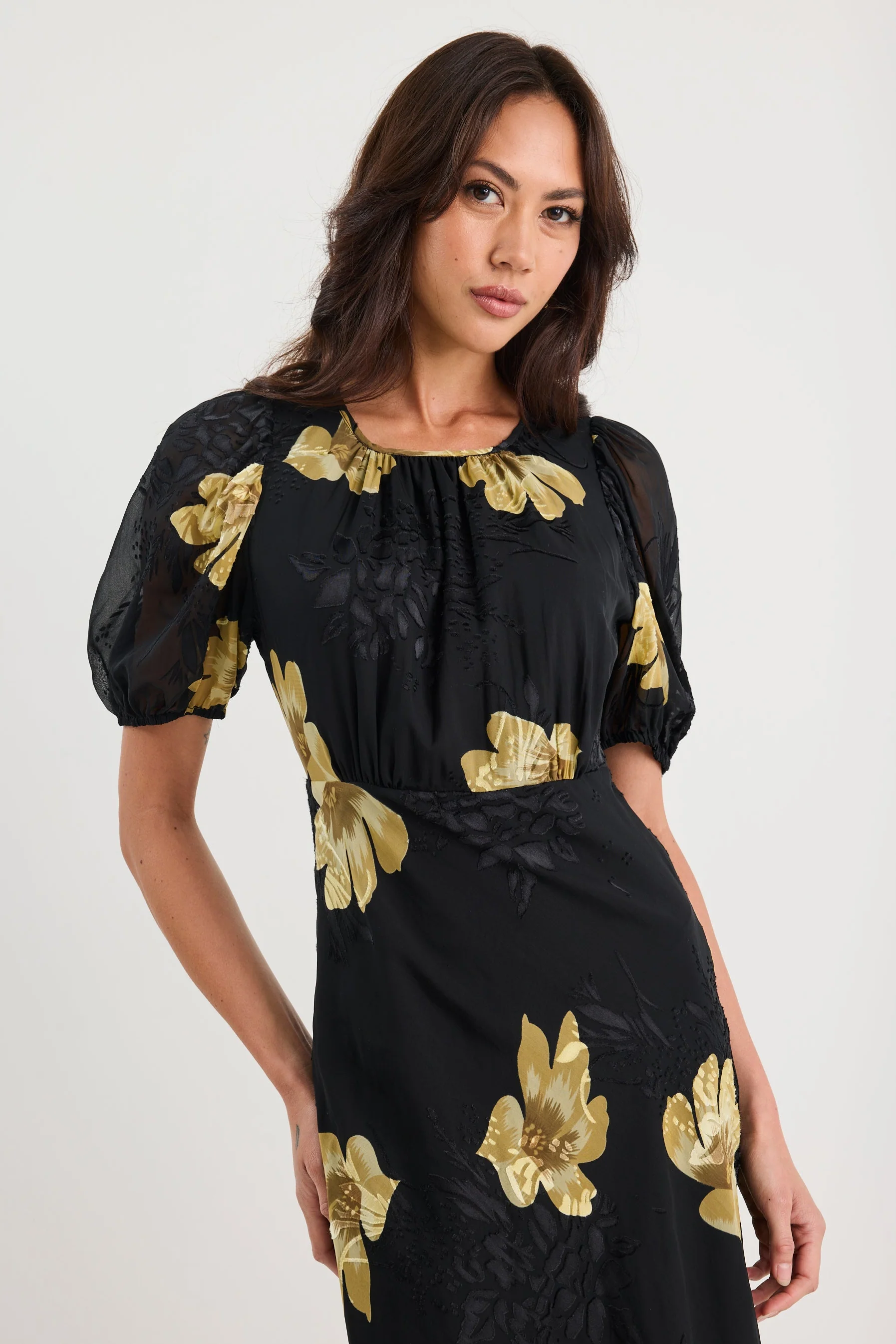Precious Black Yellow Floral Puff Sleeve Midi Dress - Image 3