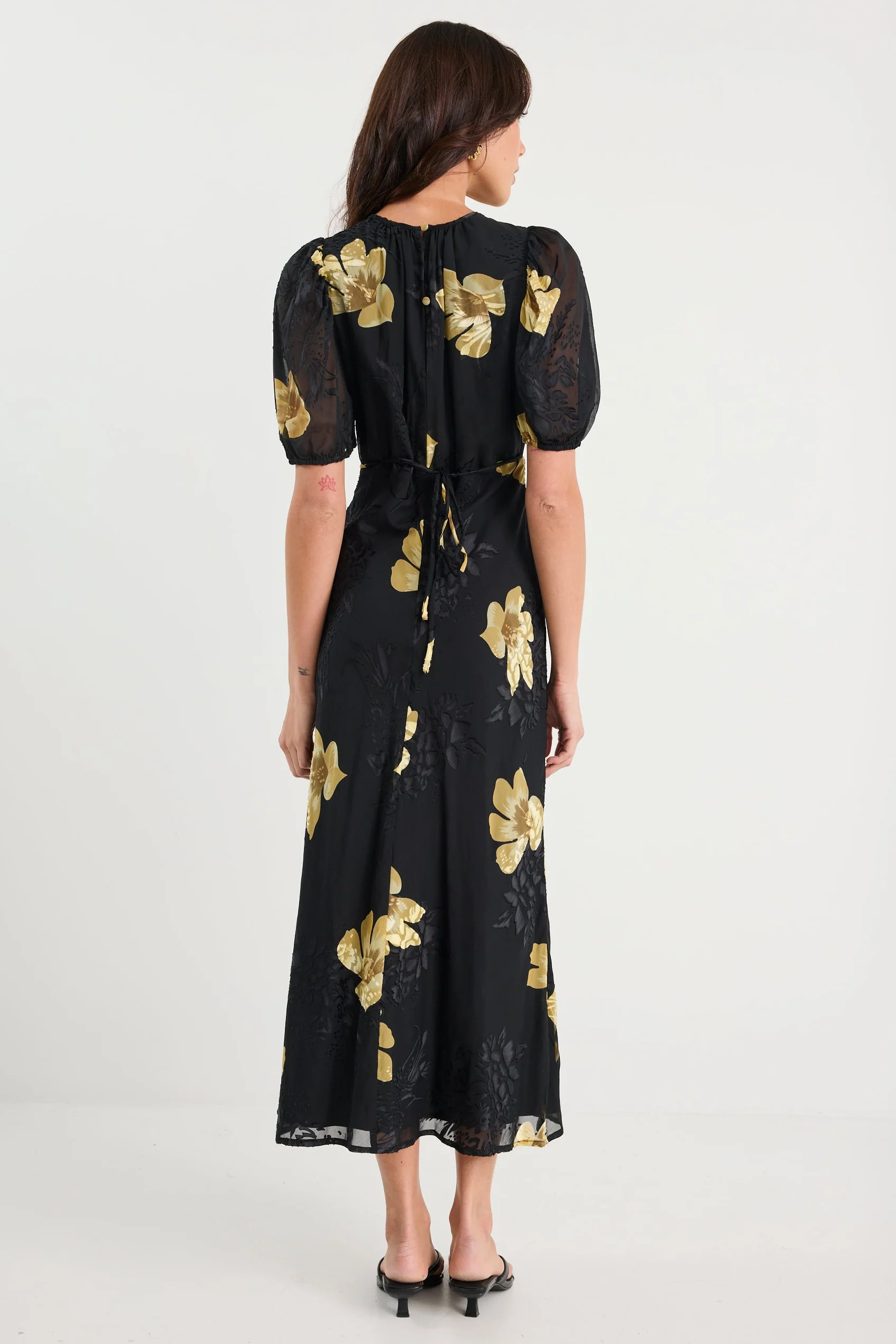 Precious Black Yellow Floral Puff Sleeve Midi Dress - Image 4