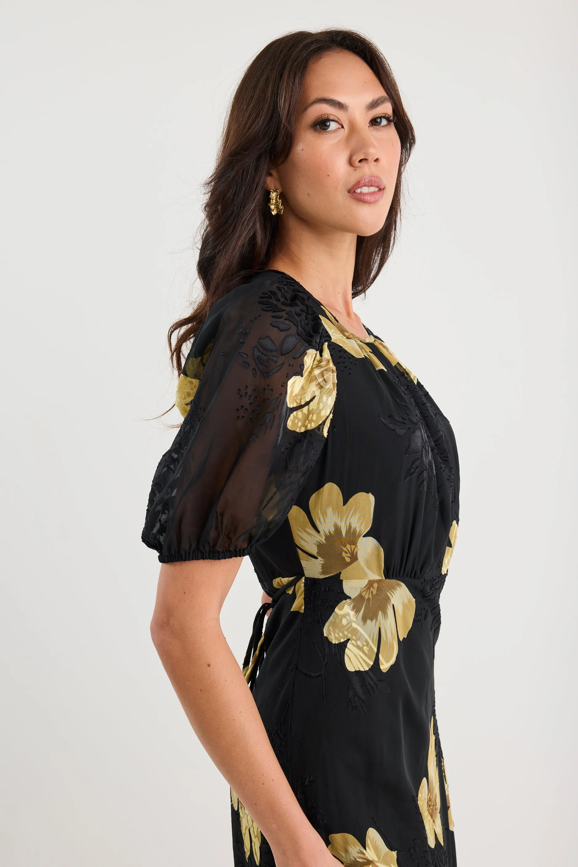 Precious Black Yellow Floral Puff Sleeve Midi Dress - Image 5
