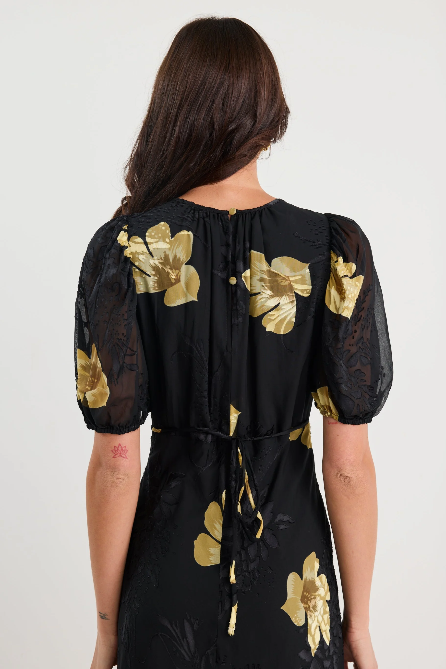 Precious Black Yellow Floral Puff Sleeve Midi Dress - Image 6