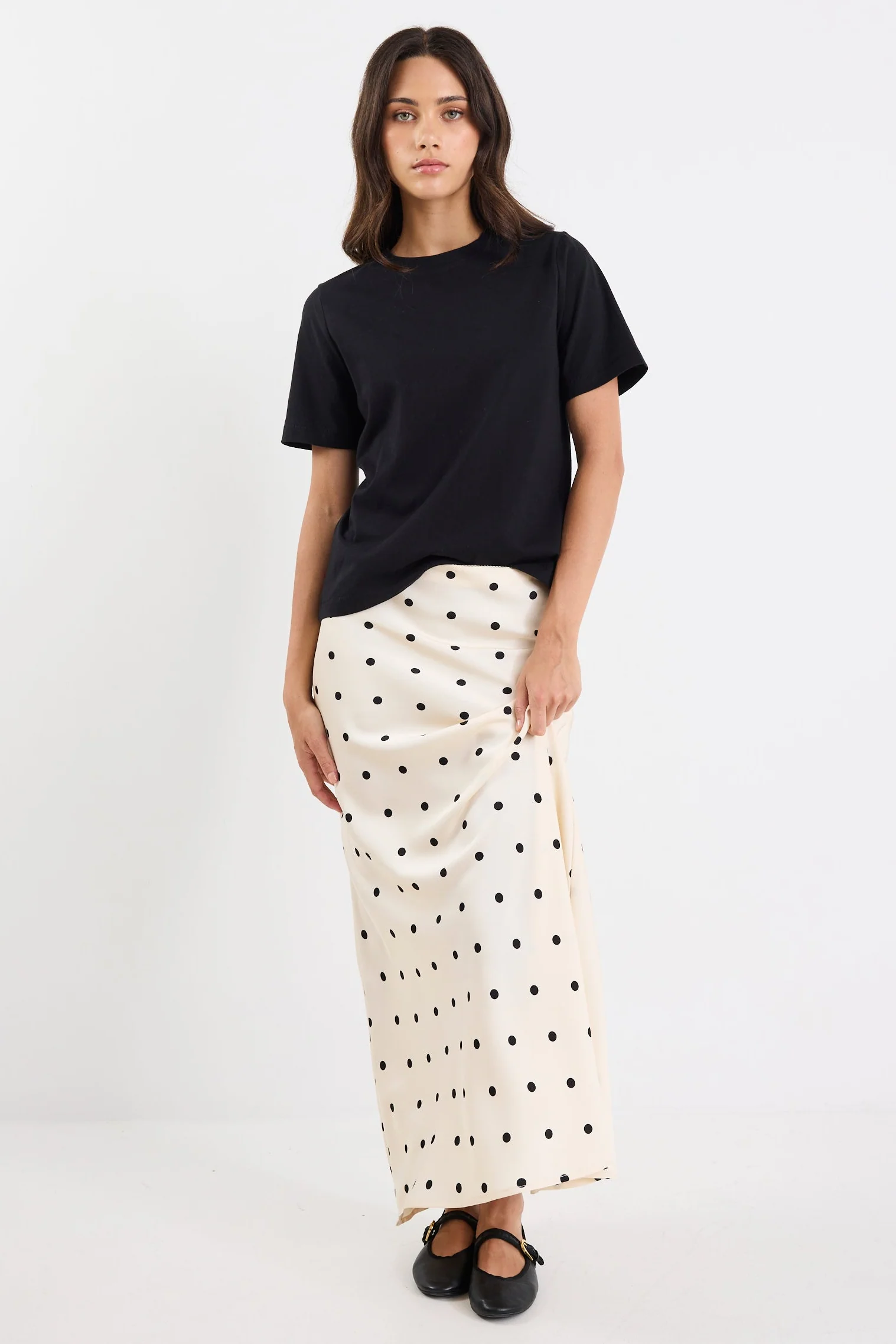 Prodigy Cream Black Polka Dot Satin Bias Cut Midi Skirt