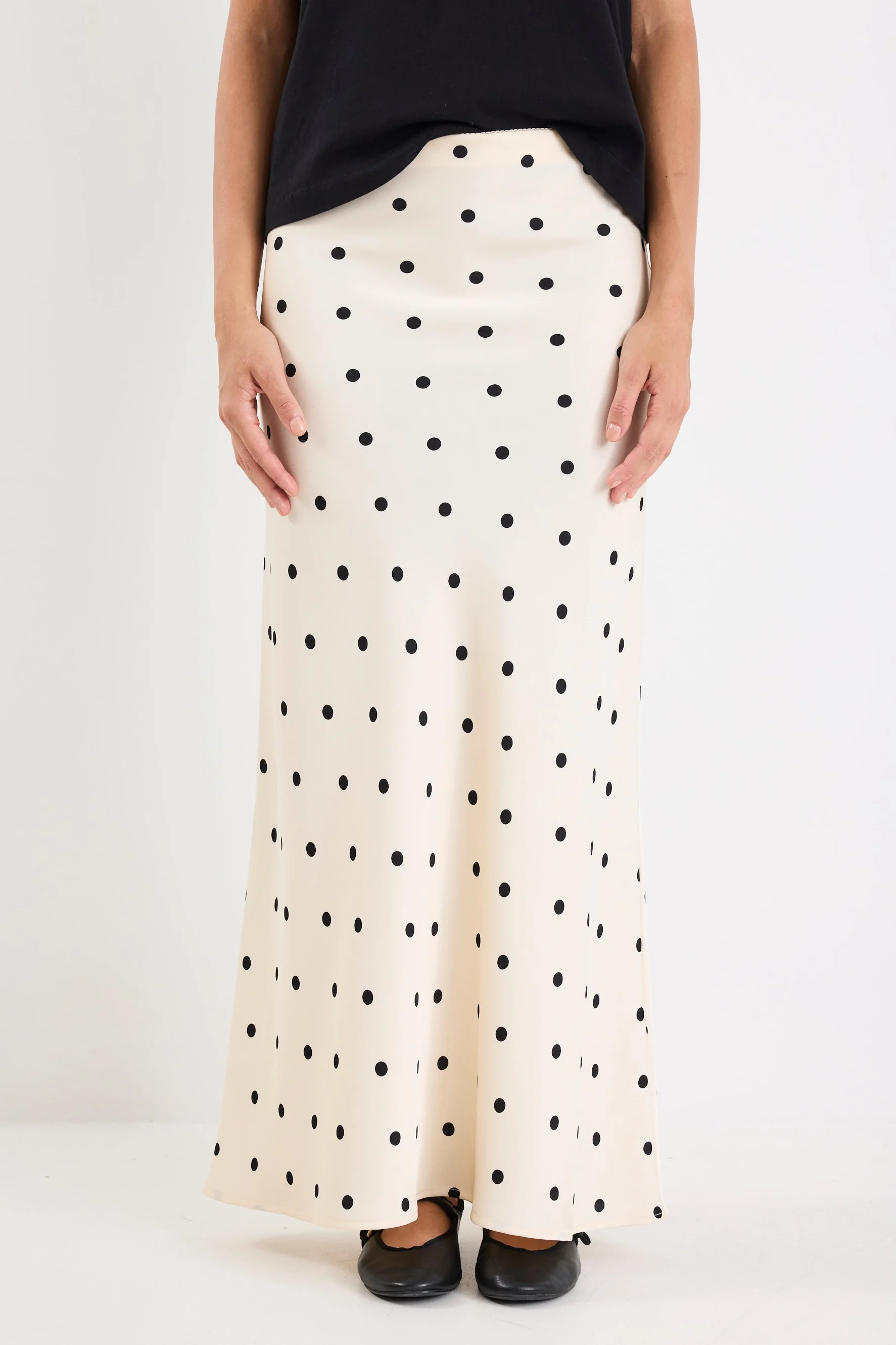 Prodigy Cream Black Polka Dot Satin Bias Cut Midi Skirt - Image 2