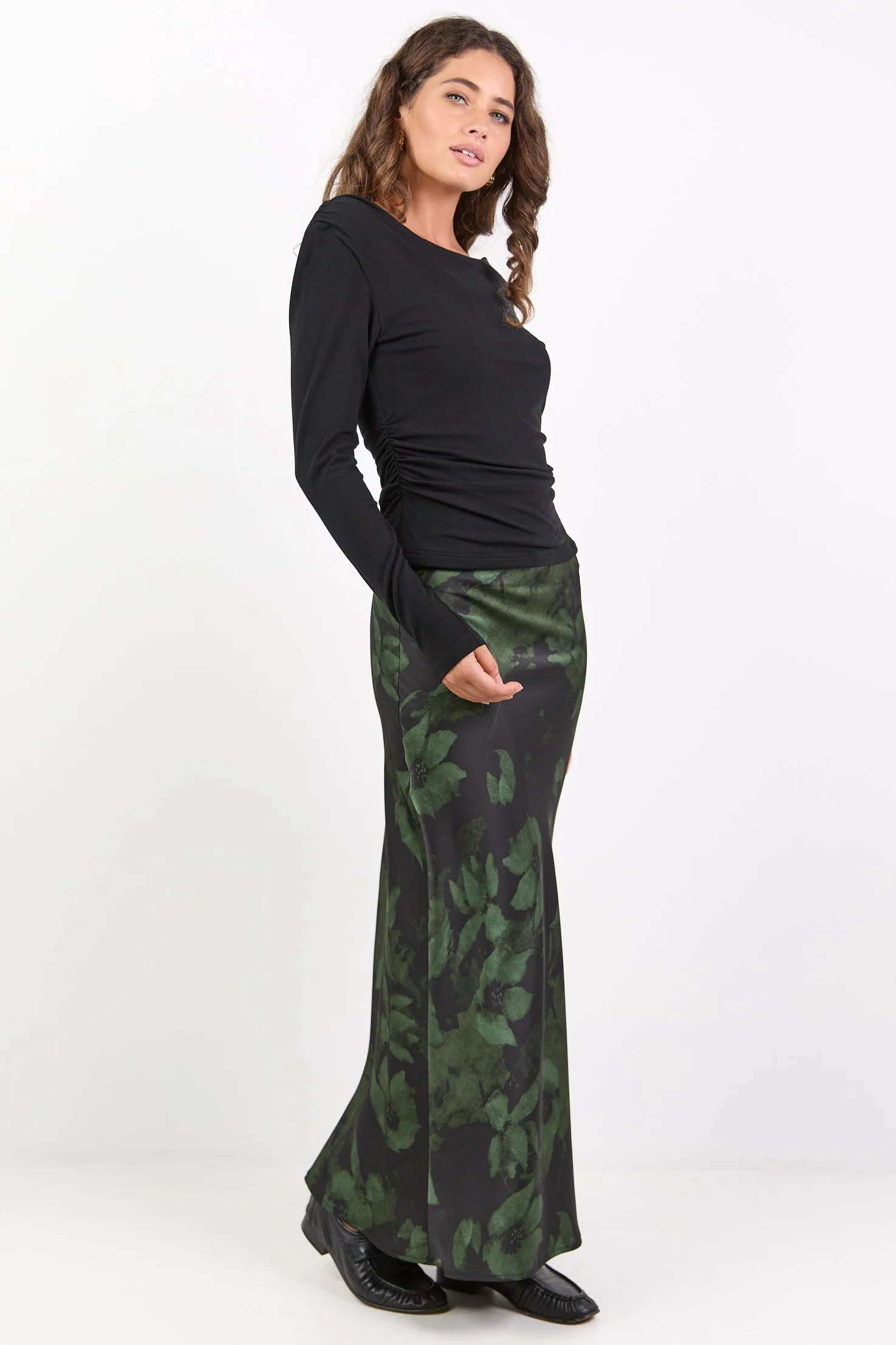 Prodigy Green Shadow Garden Satin Bias Cut Maxi Skirt - Image 2