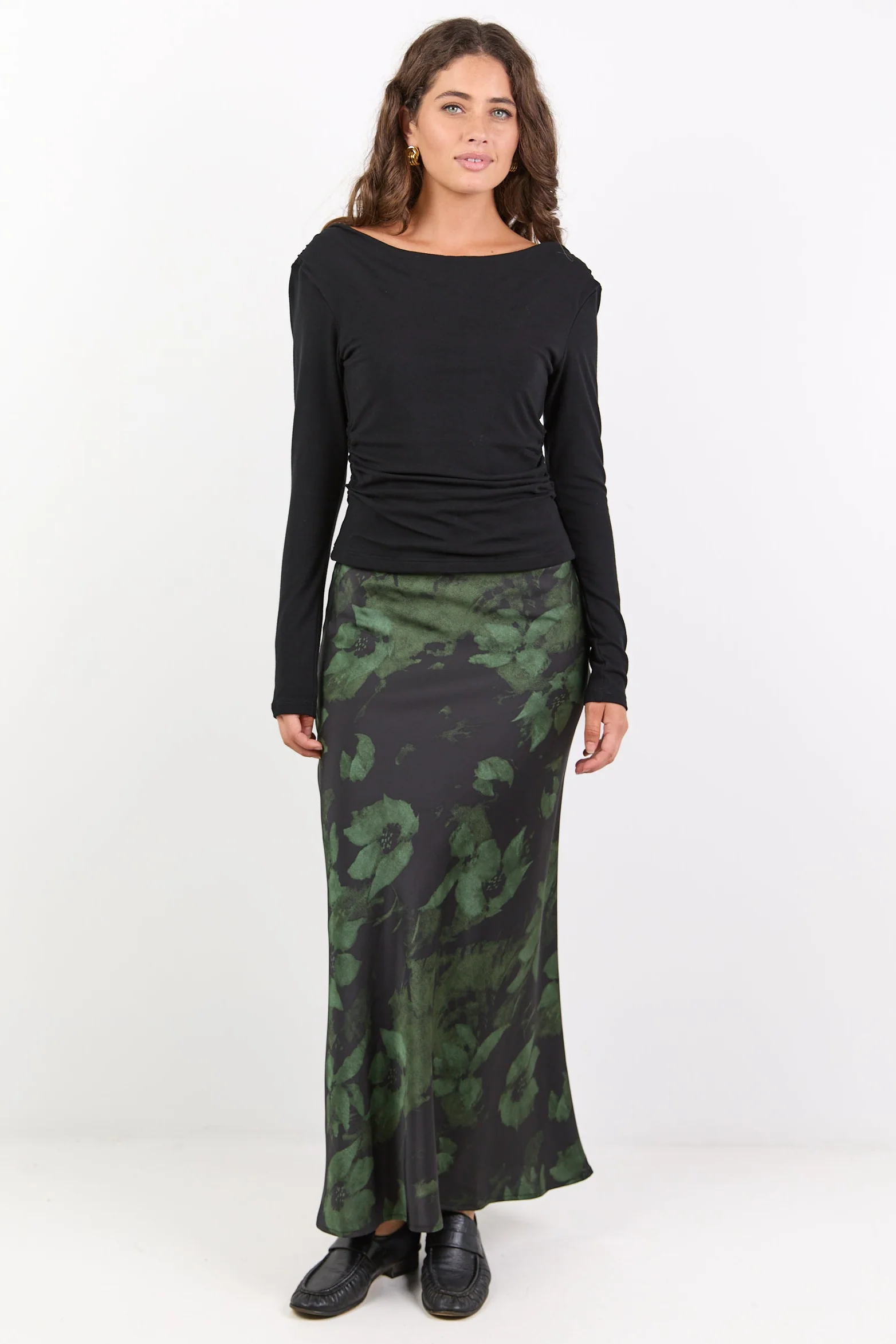 Prodigy Green Shadow Garden Satin Bias Cut Maxi Skirt - Image 3