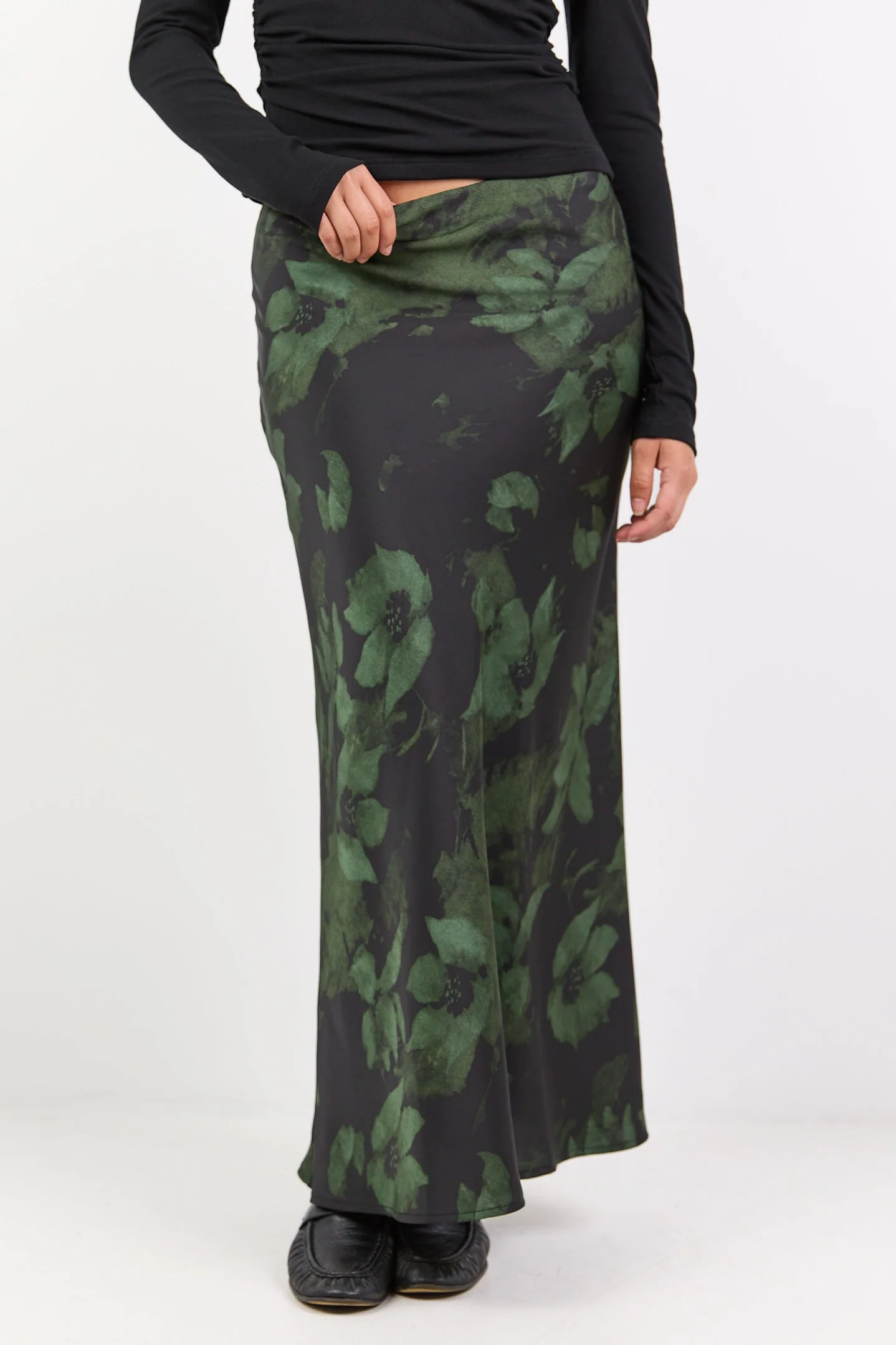 Prodigy Green Shadow Garden Satin Bias Cut Maxi Skirt - Image 4