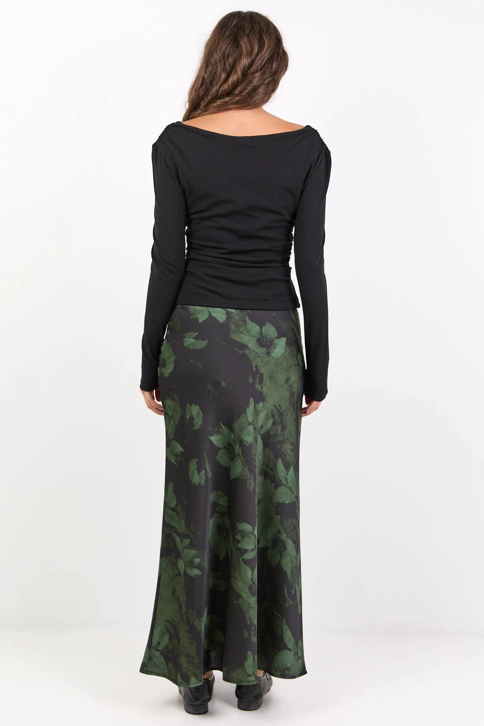 Prodigy Green Shadow Garden Satin Bias Cut Maxi Skirt - Image 5
