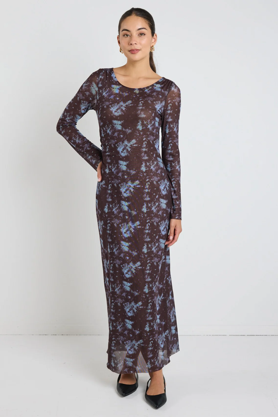 Promenade Chocolate Tie Dye Mesh Long Sleeve Midi Dress - Image 3