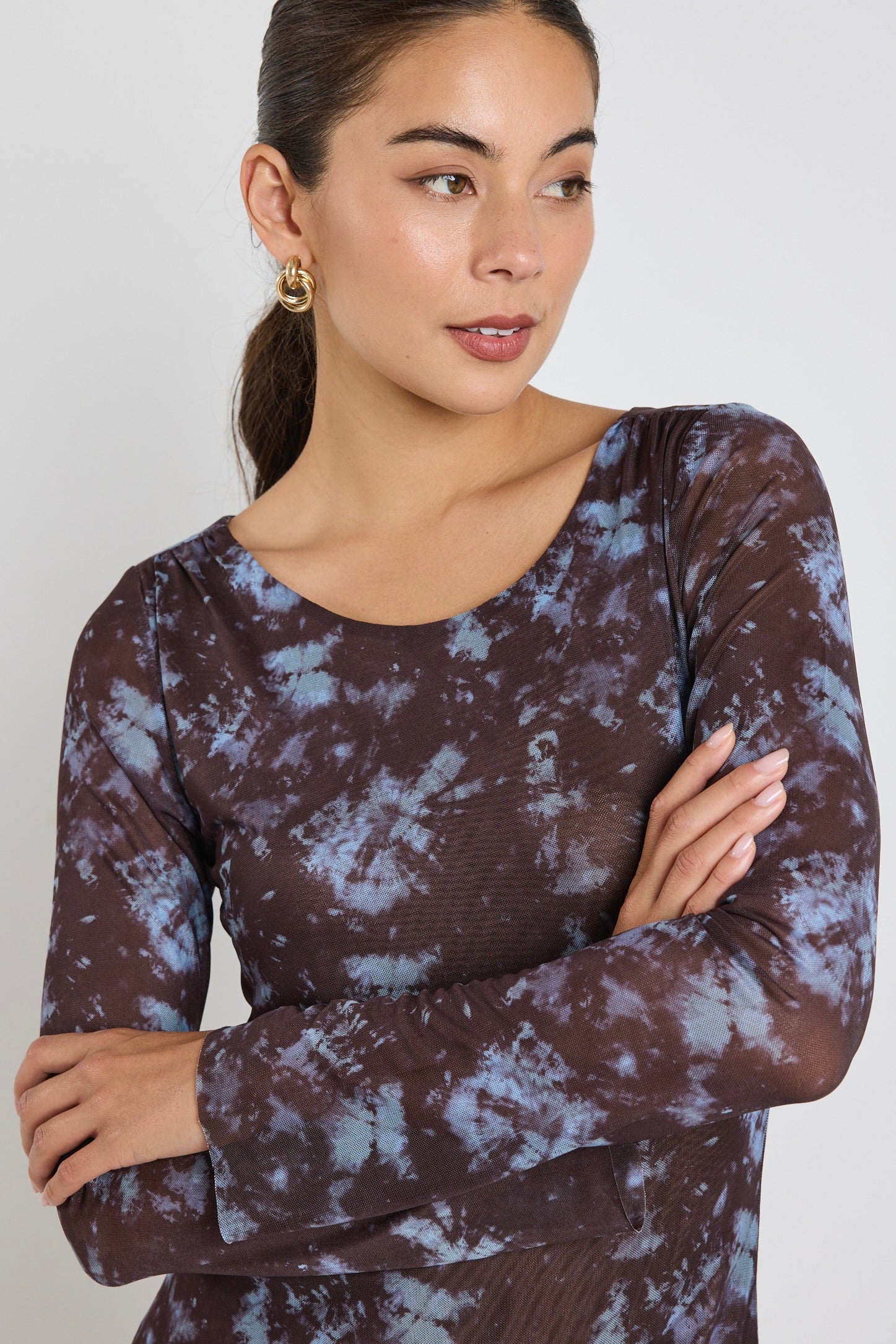 Promenade Chocolate Tie Dye Mesh Long Sleeve Midi Dress - Image 4
