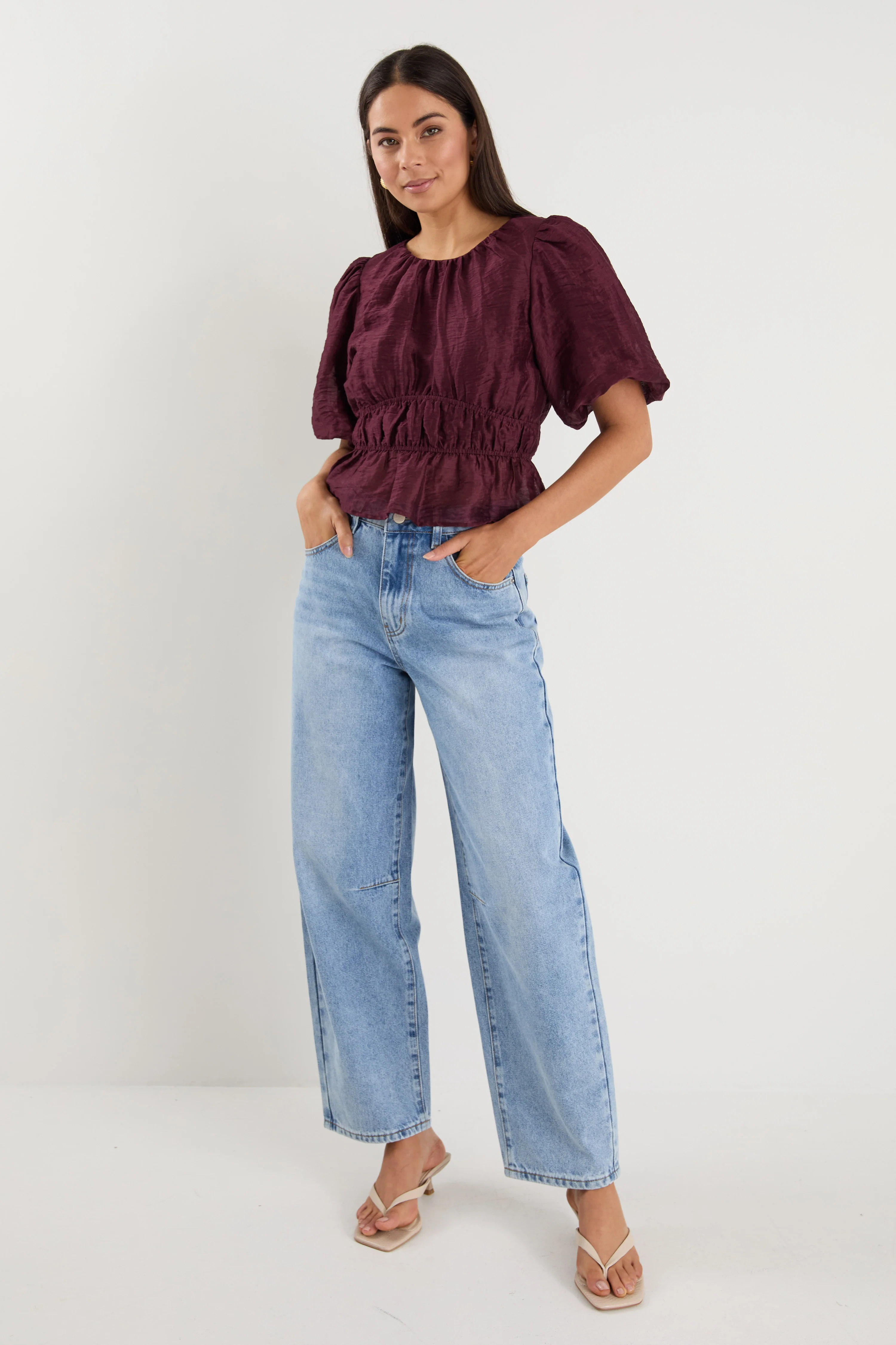 Prompt Burgundy Plum Bubble Sleeve Top - Image 3