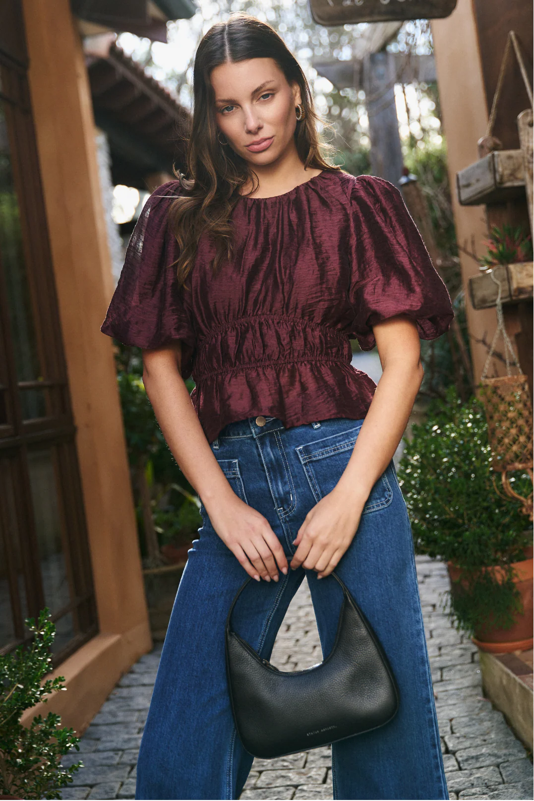 Prompt Burgundy Plum Bubble Sleeve Top - Image 4