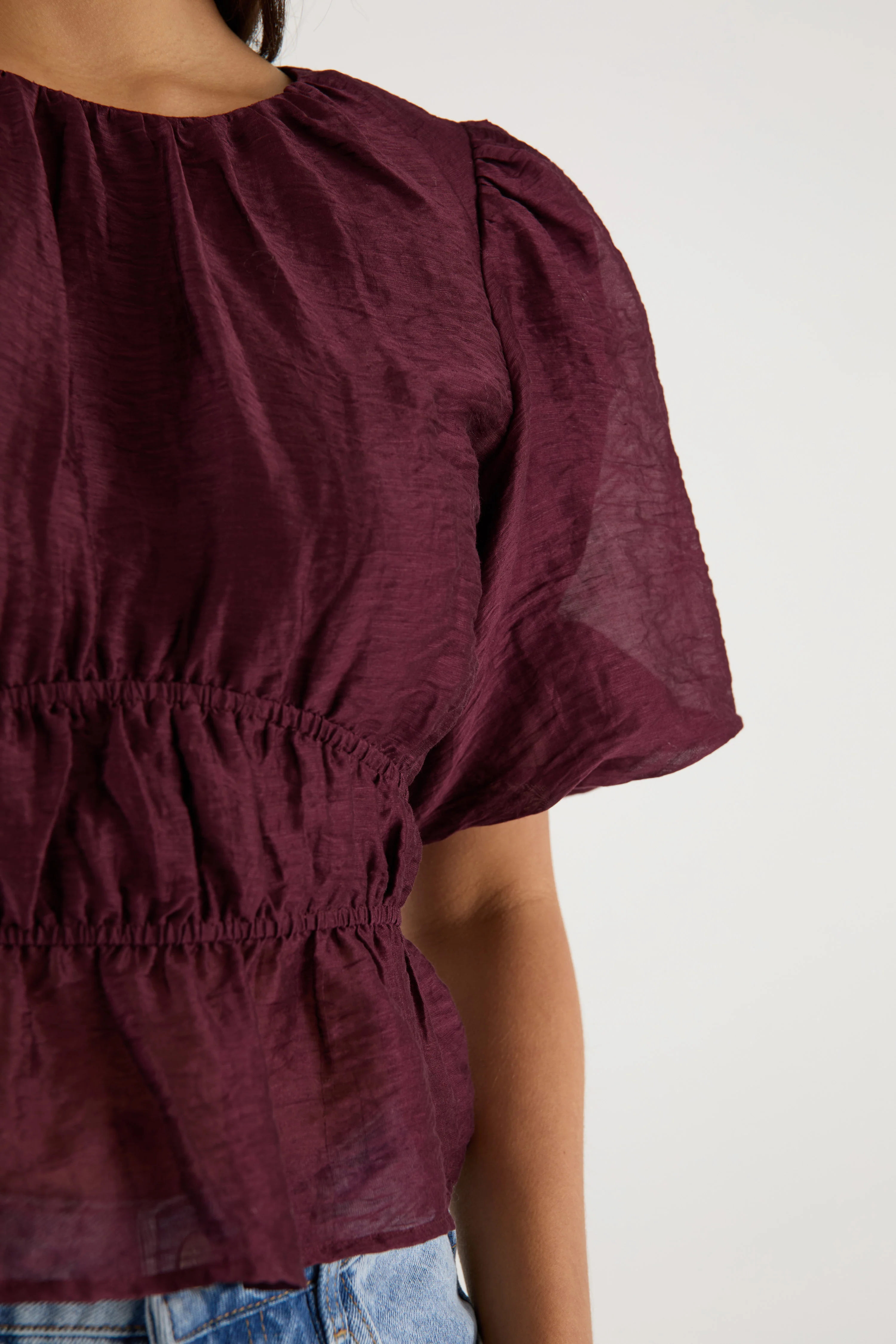 Prompt Burgundy Plum Bubble Sleeve Top - Image 5