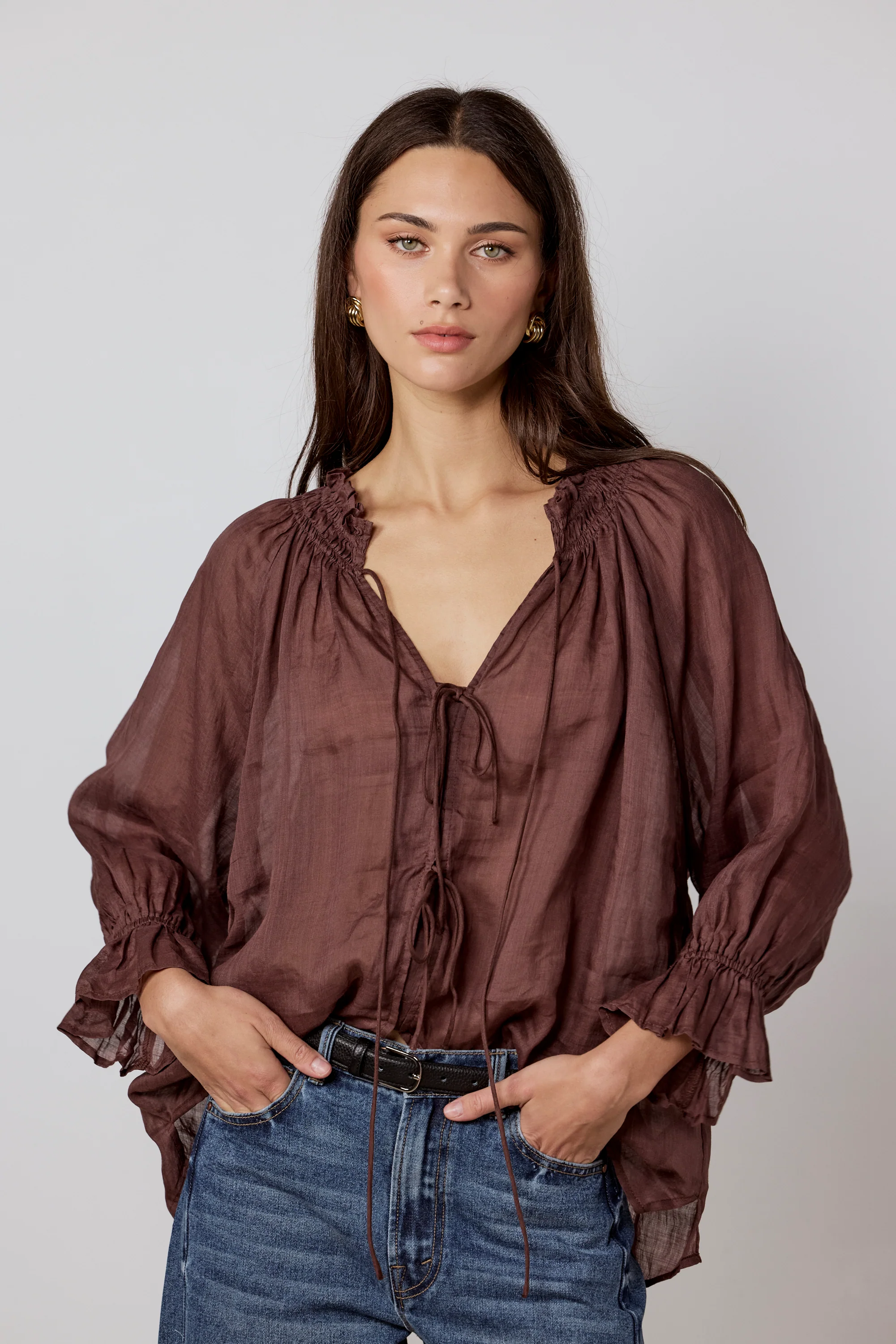 Prospect Chocolate Tie Front Mid Sleeve Top
