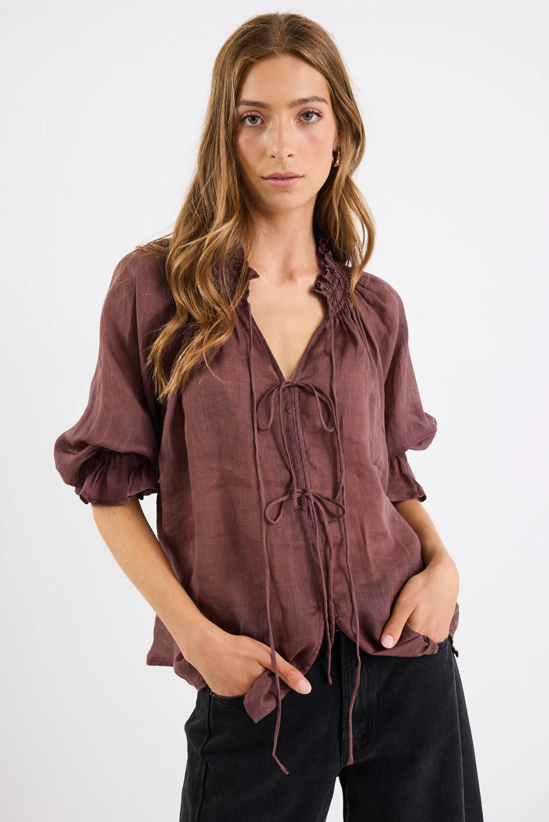 Prospect Chocolate Tie Front Mid Sleeve Top - Image 3