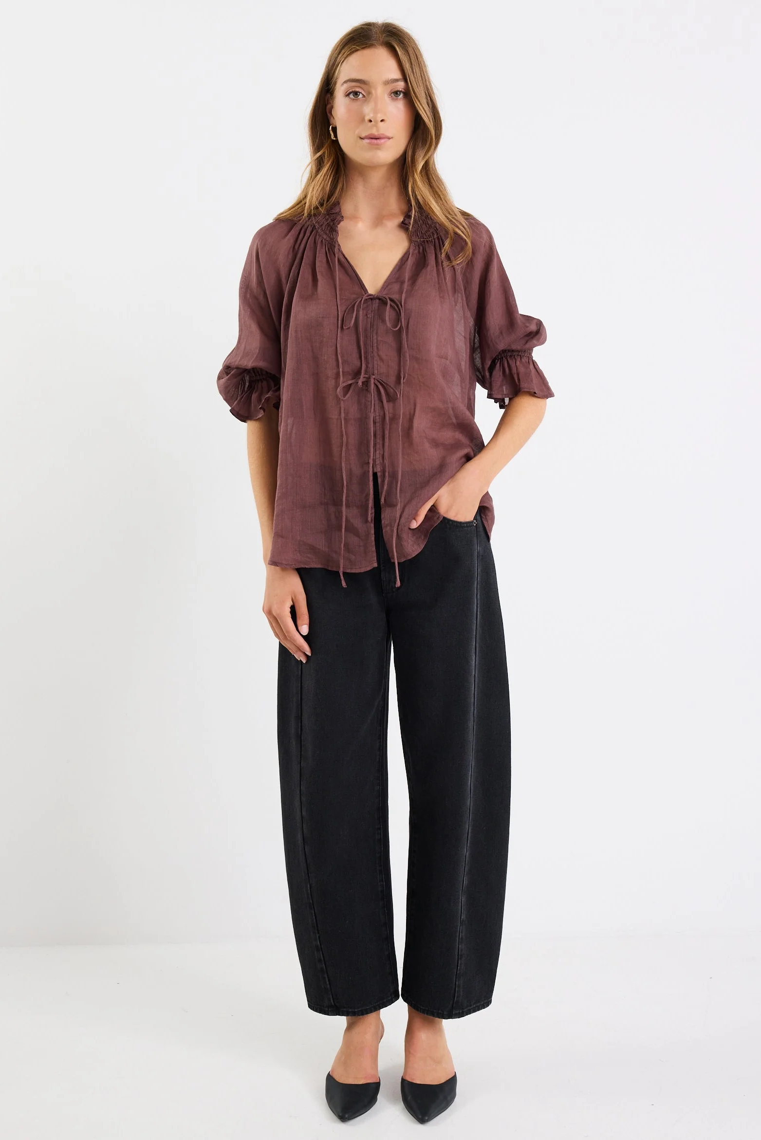 Prospect Chocolate Tie Front Mid Sleeve Top - Image 4