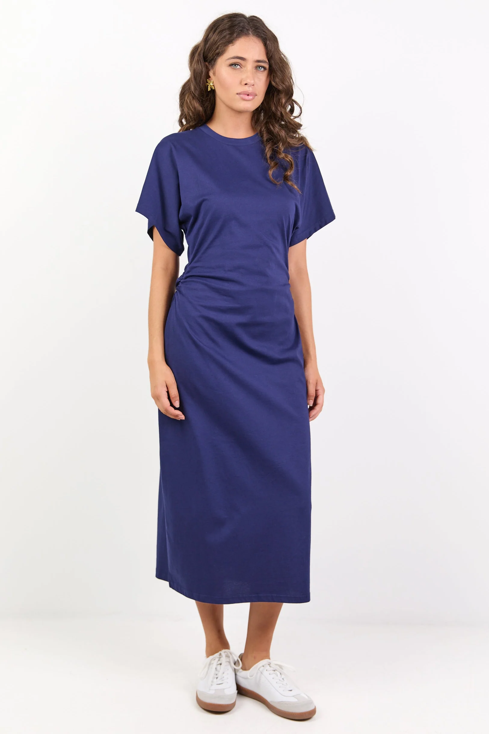 Pulse Ink Cotton Gathered Waist Detail Short Sleeve Knit Dress - Image 2