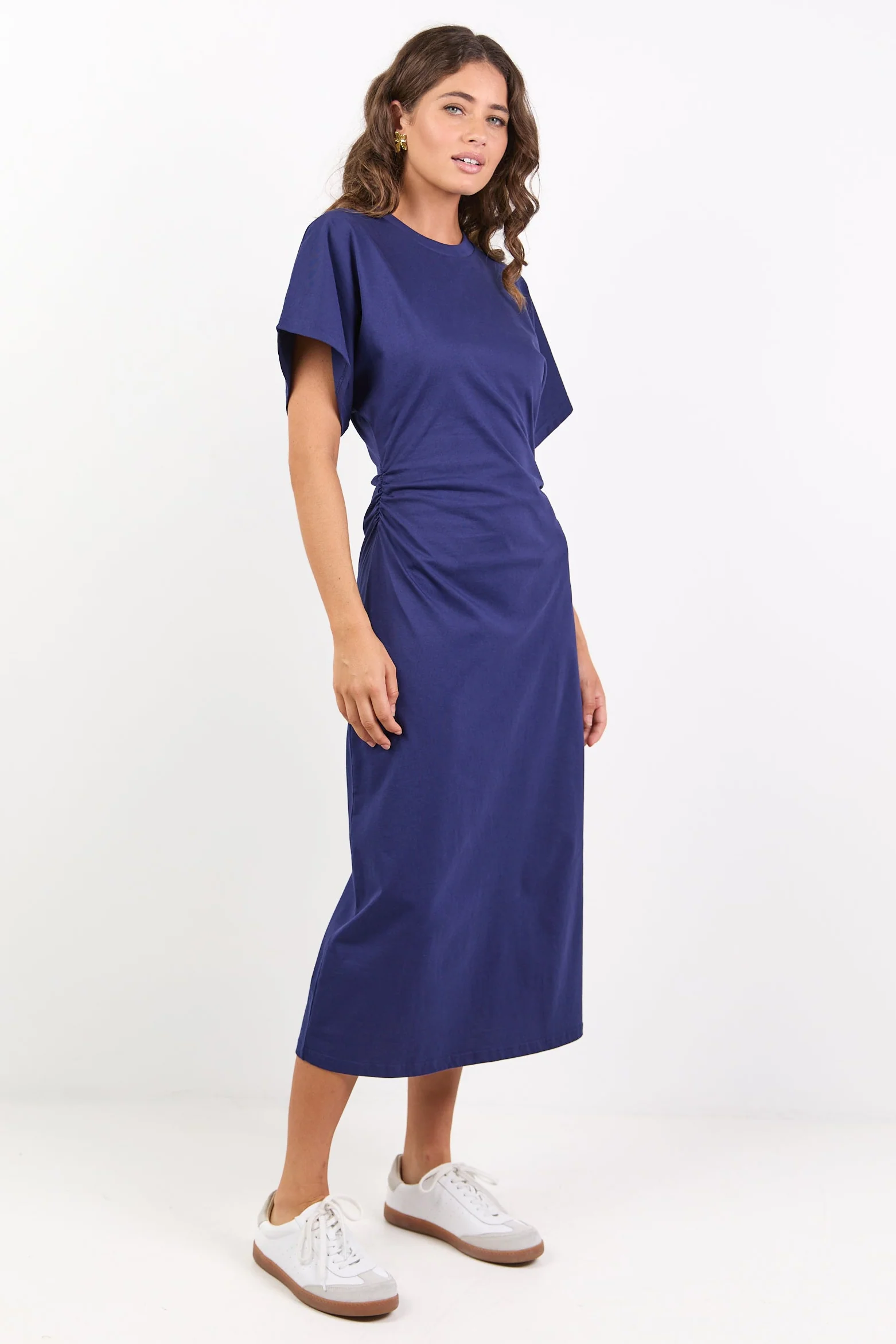 Pulse Ink Cotton Gathered Waist Detail Short Sleeve Knit Dress - Image 3