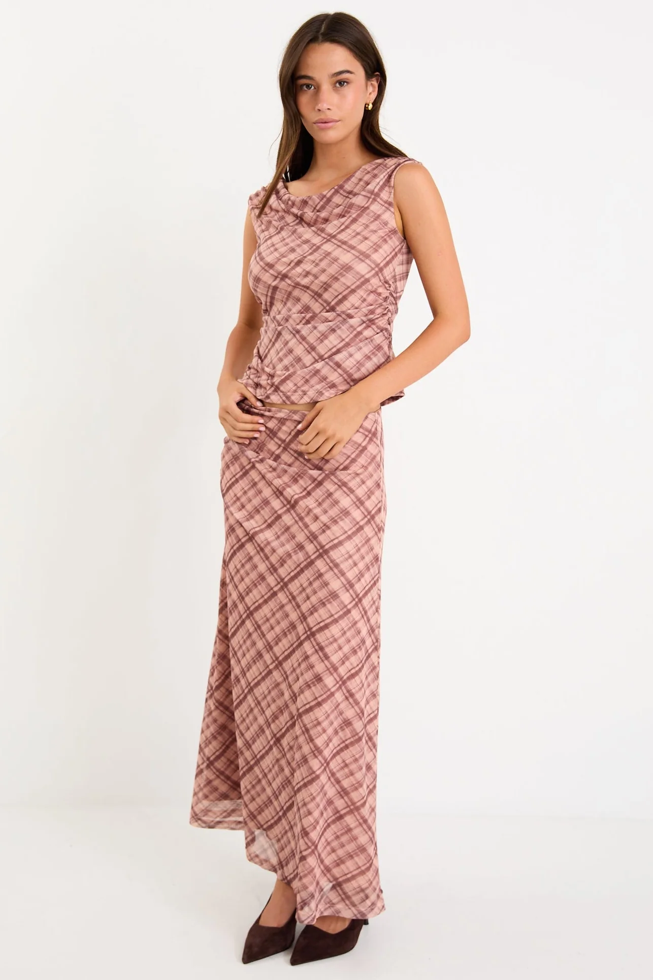 Quench Blush Check Mesh Maxi Skirt - Image 3