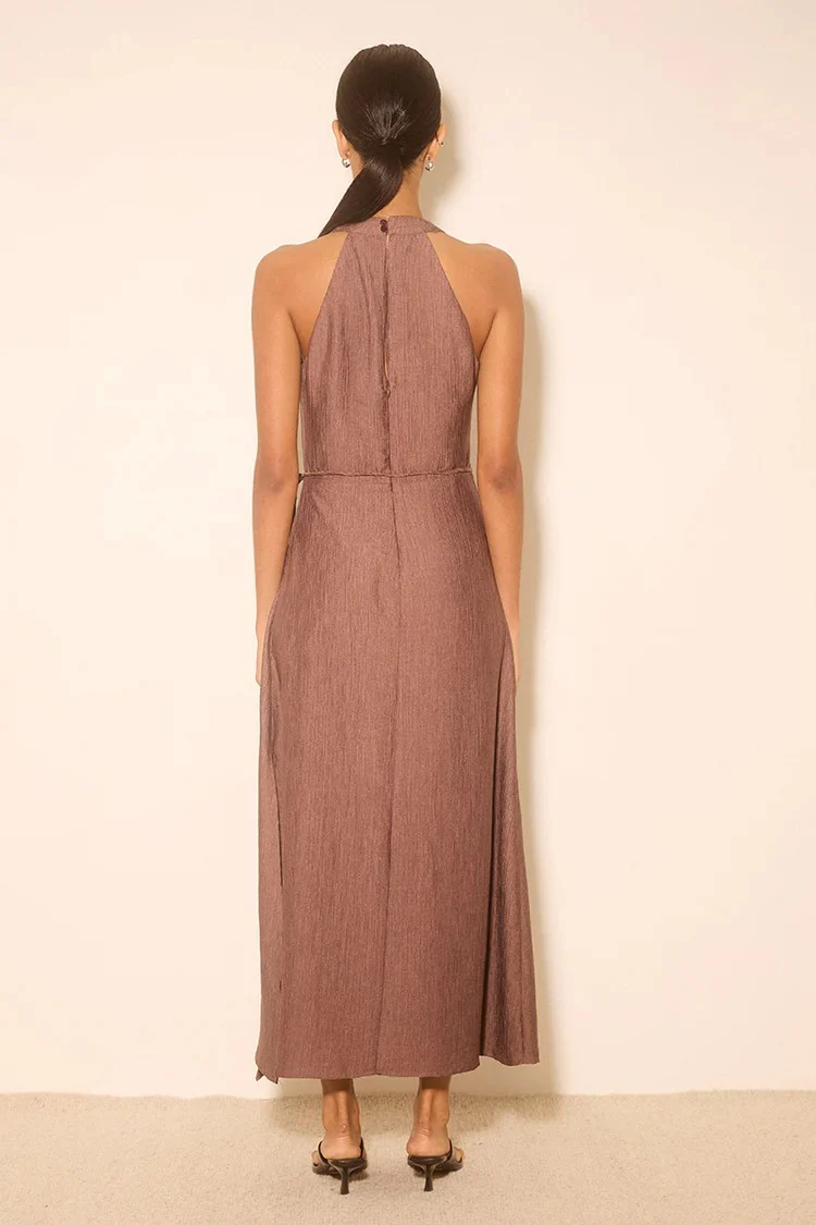 Rae Mocha Sleeveless Satin Crinkle Wrap Maxi Dress - Image 4