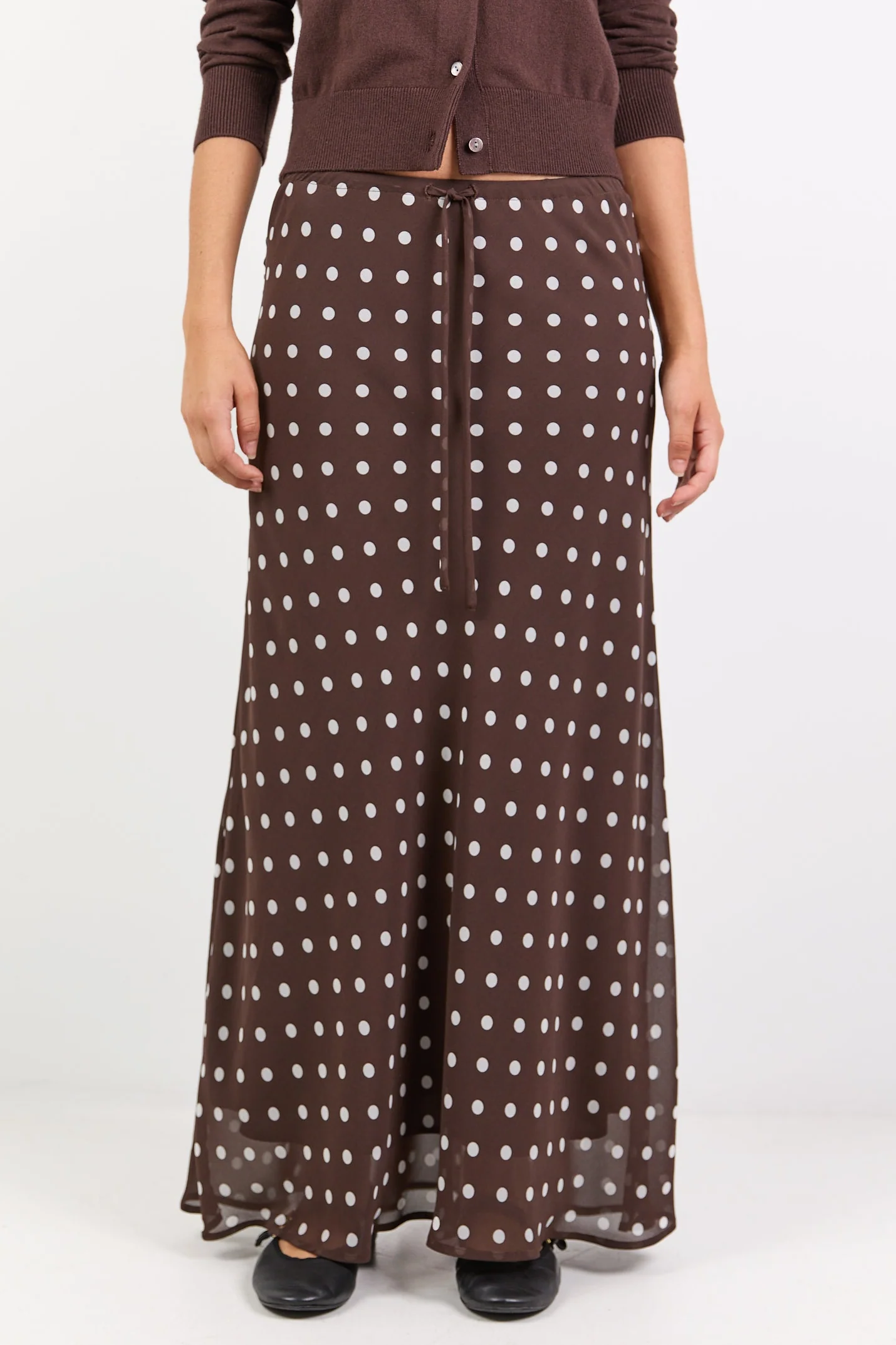 Rally Chocolate Polka Dot Georgette Tie Waist Bias Maxi Skirt - Image 3