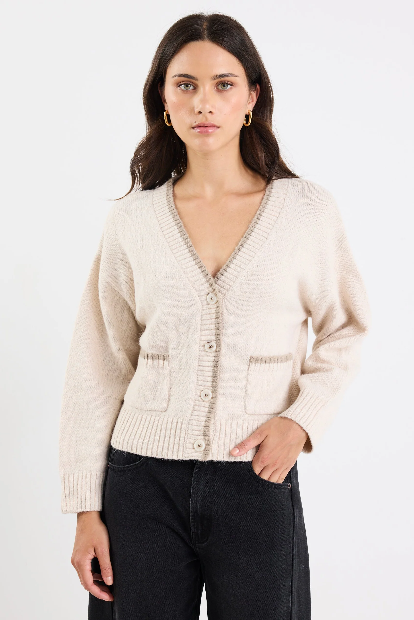 Rapport Ivory V Neck Contrast Edge Cardi - Image 2