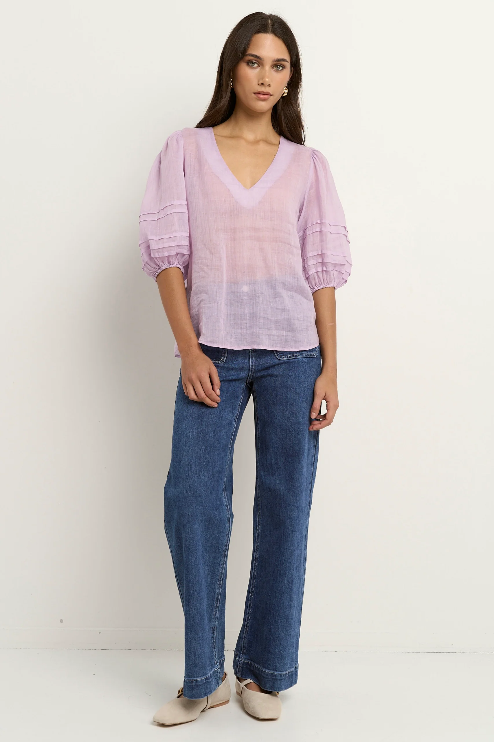 Recall Lilac Ramie Pleat Sleeve Crew Top - Image 3