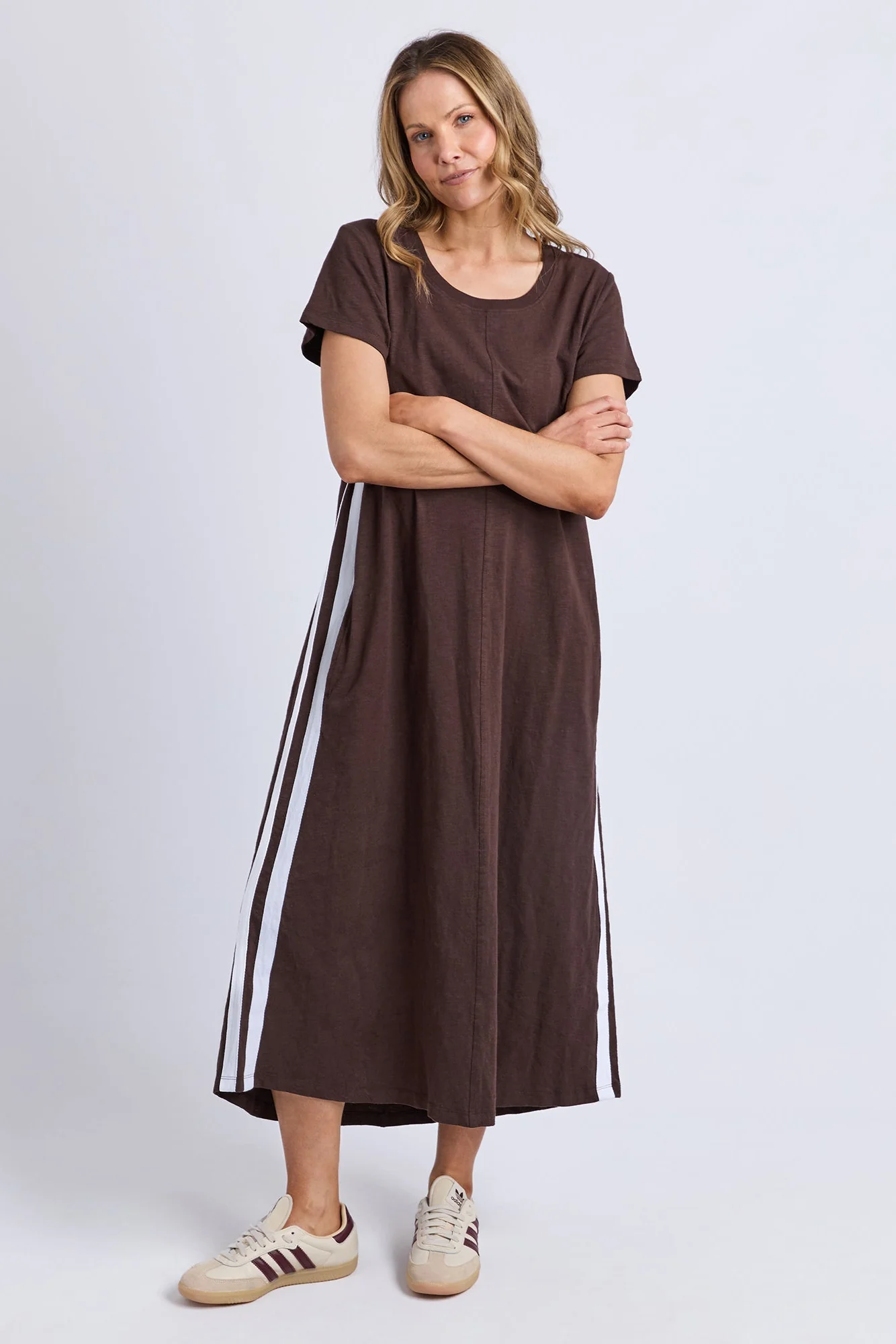 Recovery Chocolate Side Stripe SS Midi Dress