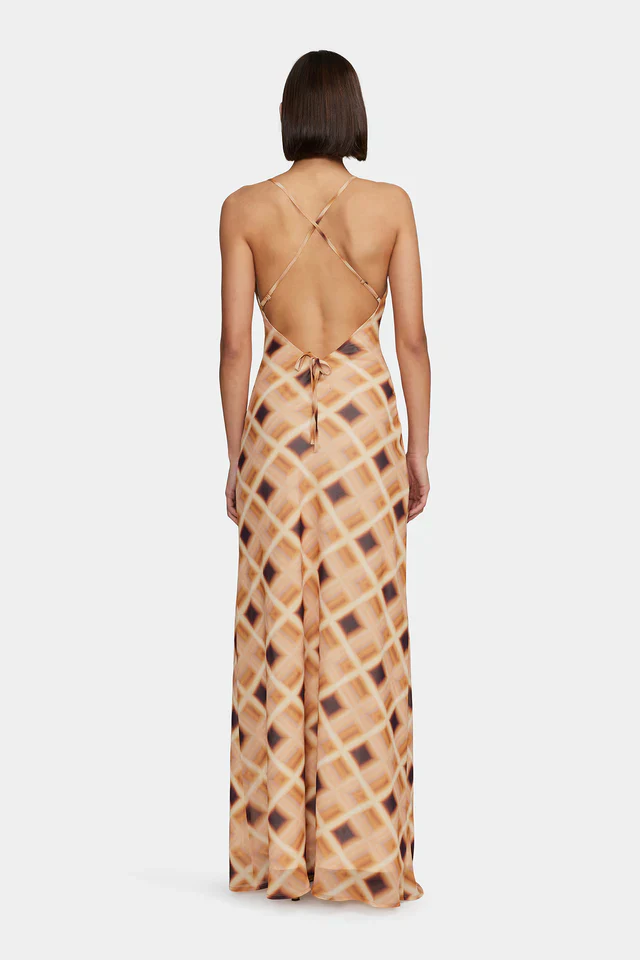 Remy Caramel Check Cowl Neck Strappy Maxi Dress - Image 5