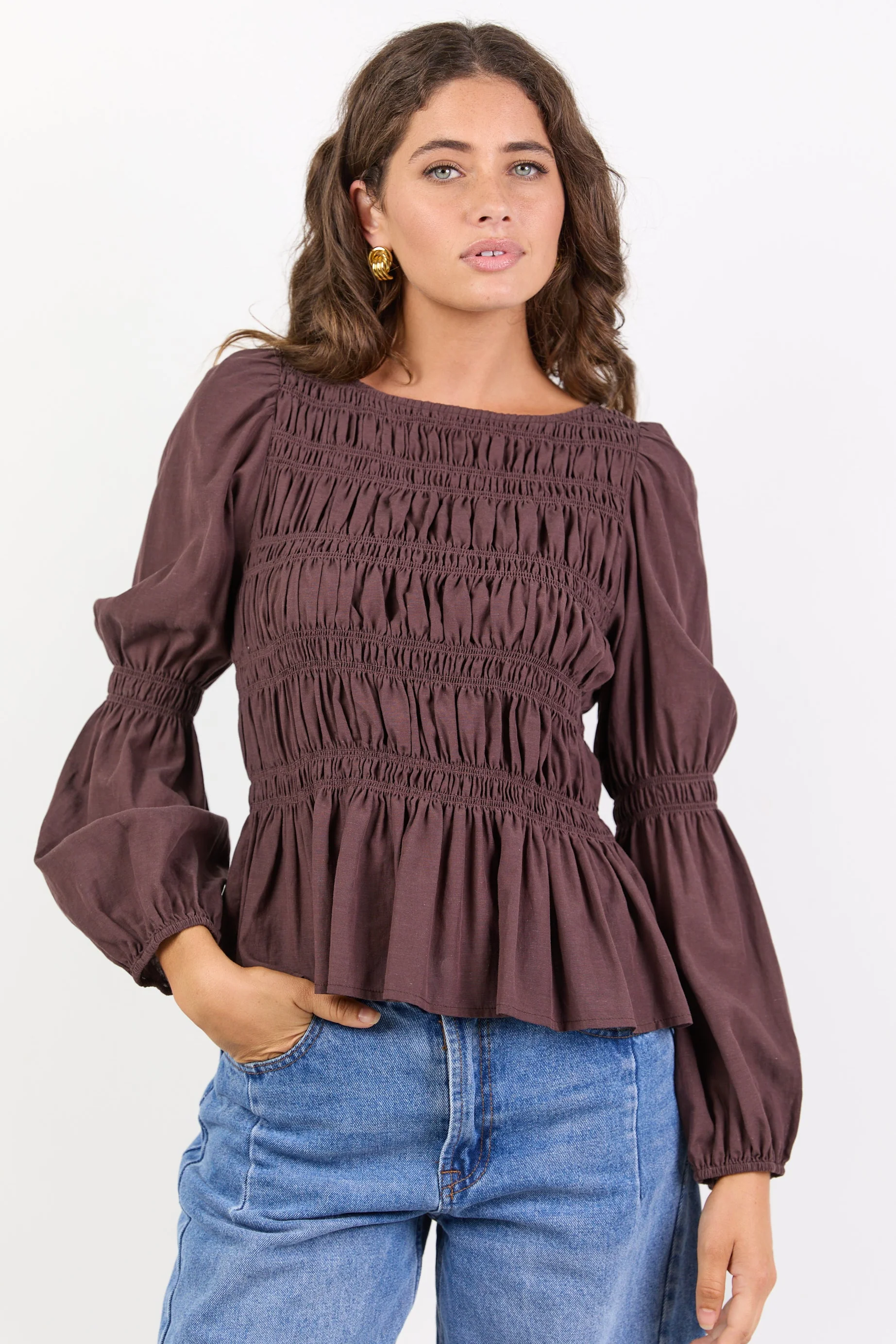 Required Chocolate LS Shirred Bodice Top