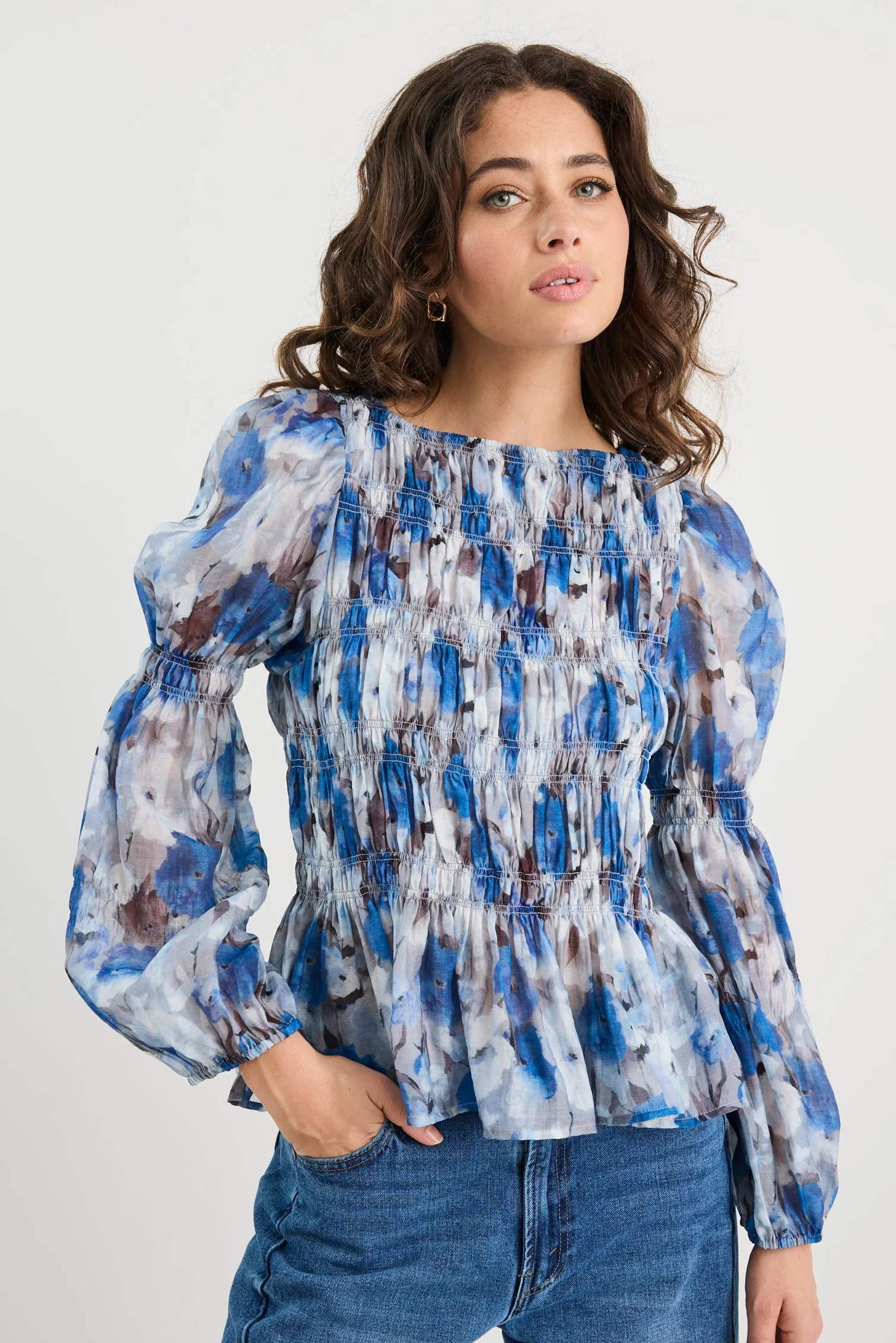 Required Sky Blue Floral LS Shirred Bodice Top - Image 2