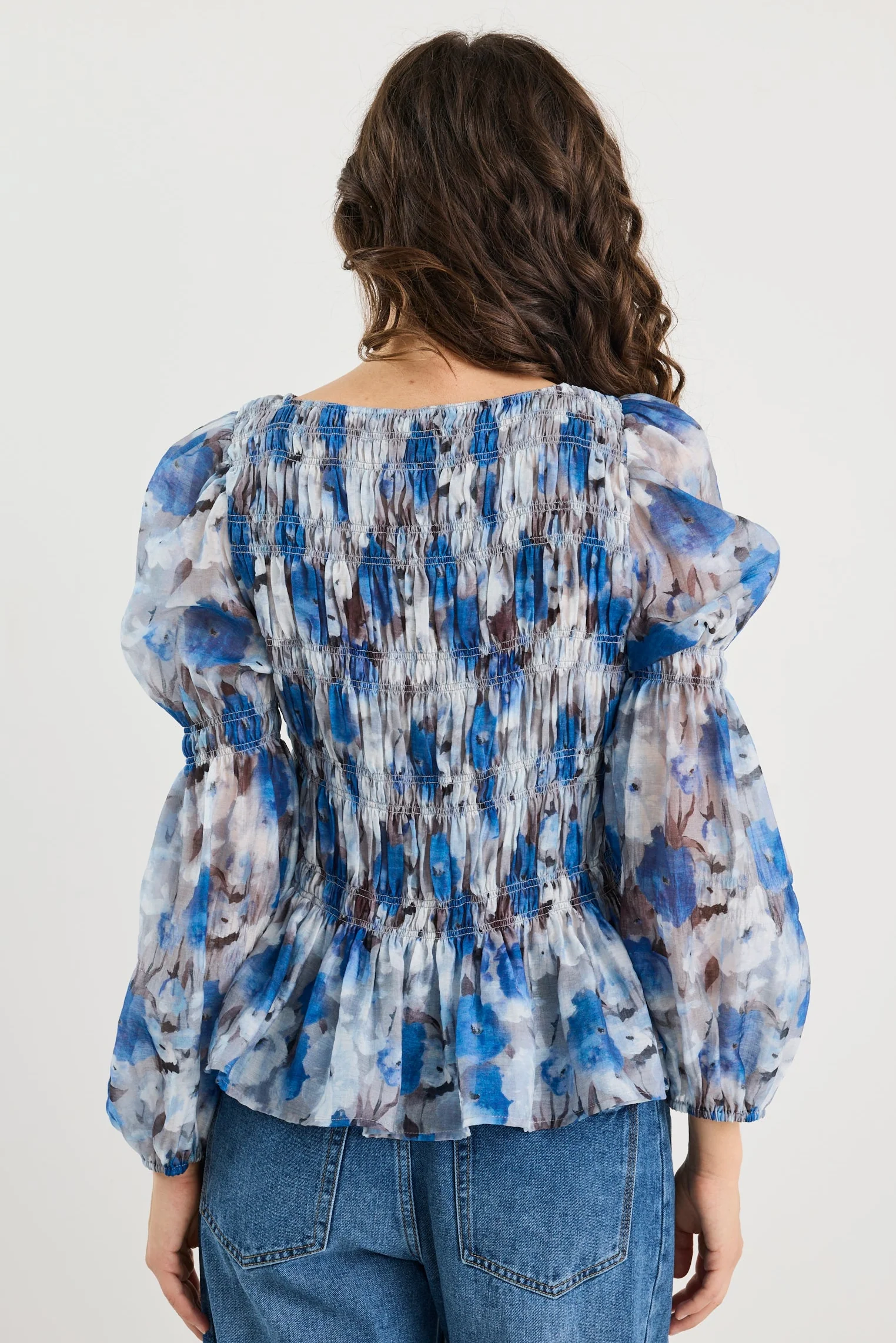 Required Sky Blue Floral LS Shirred Bodice Top - Image 6