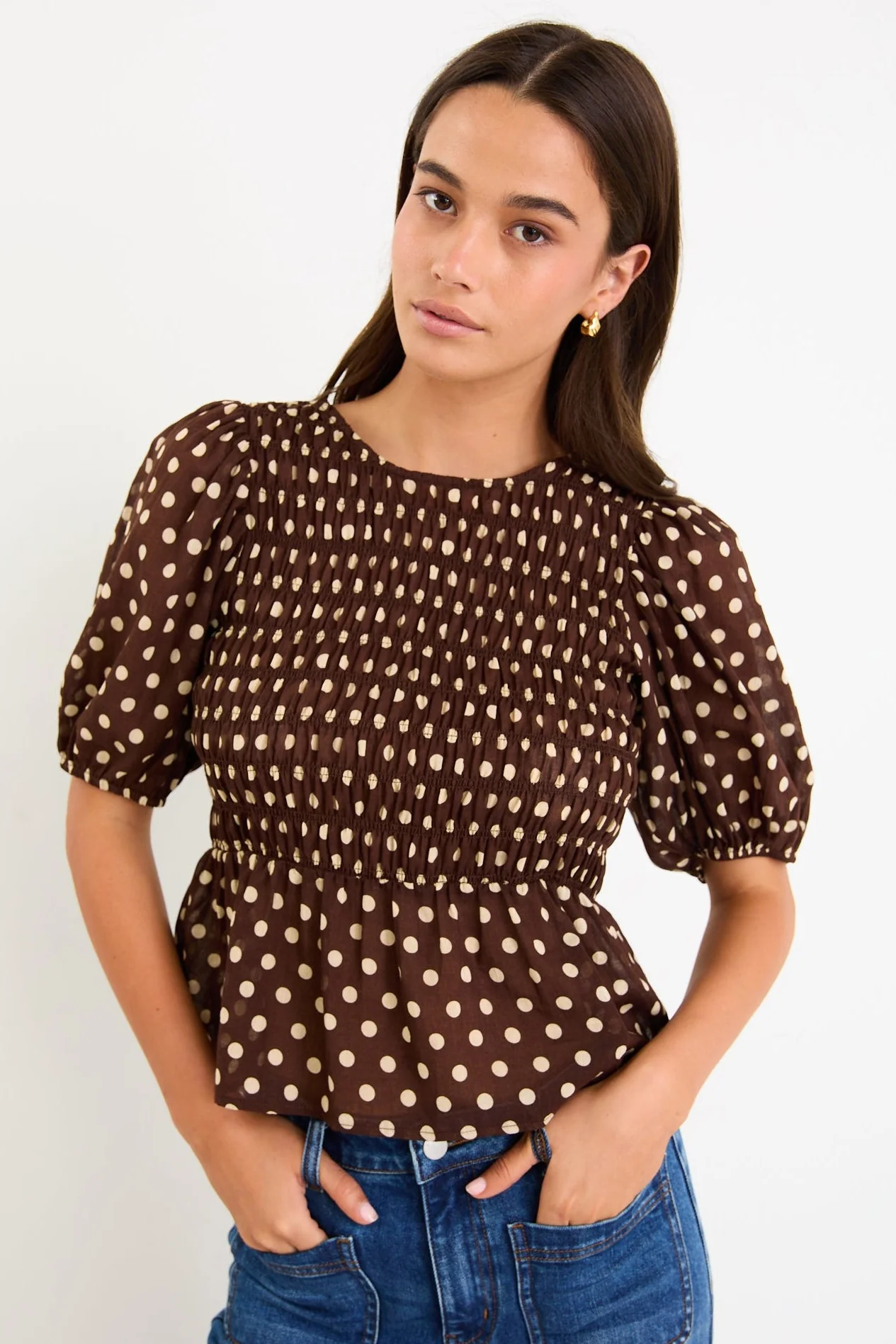 Requite Chocolate Polka Dot Shirred Body SS Top