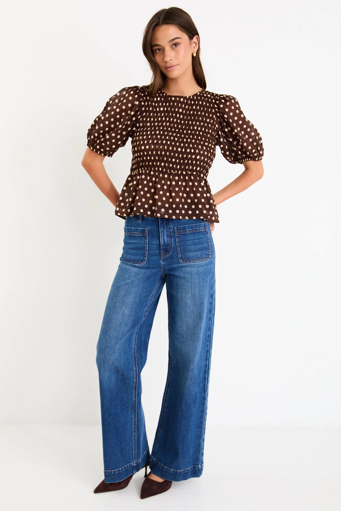 Requite Chocolate Polka Dot Shirred Body SS Top - Image 2