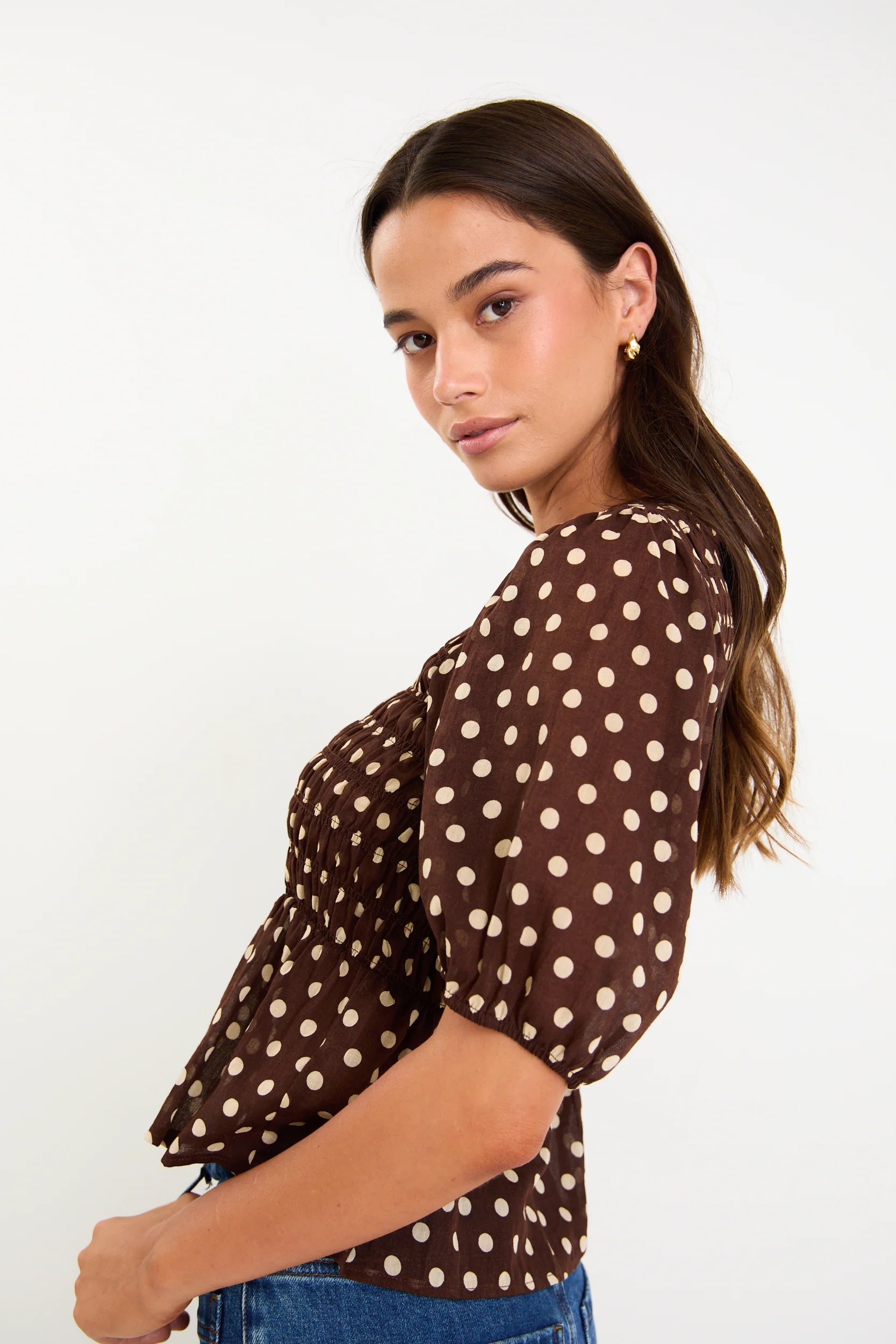 Requite Chocolate Polka Dot Shirred Body SS Top - Image 4