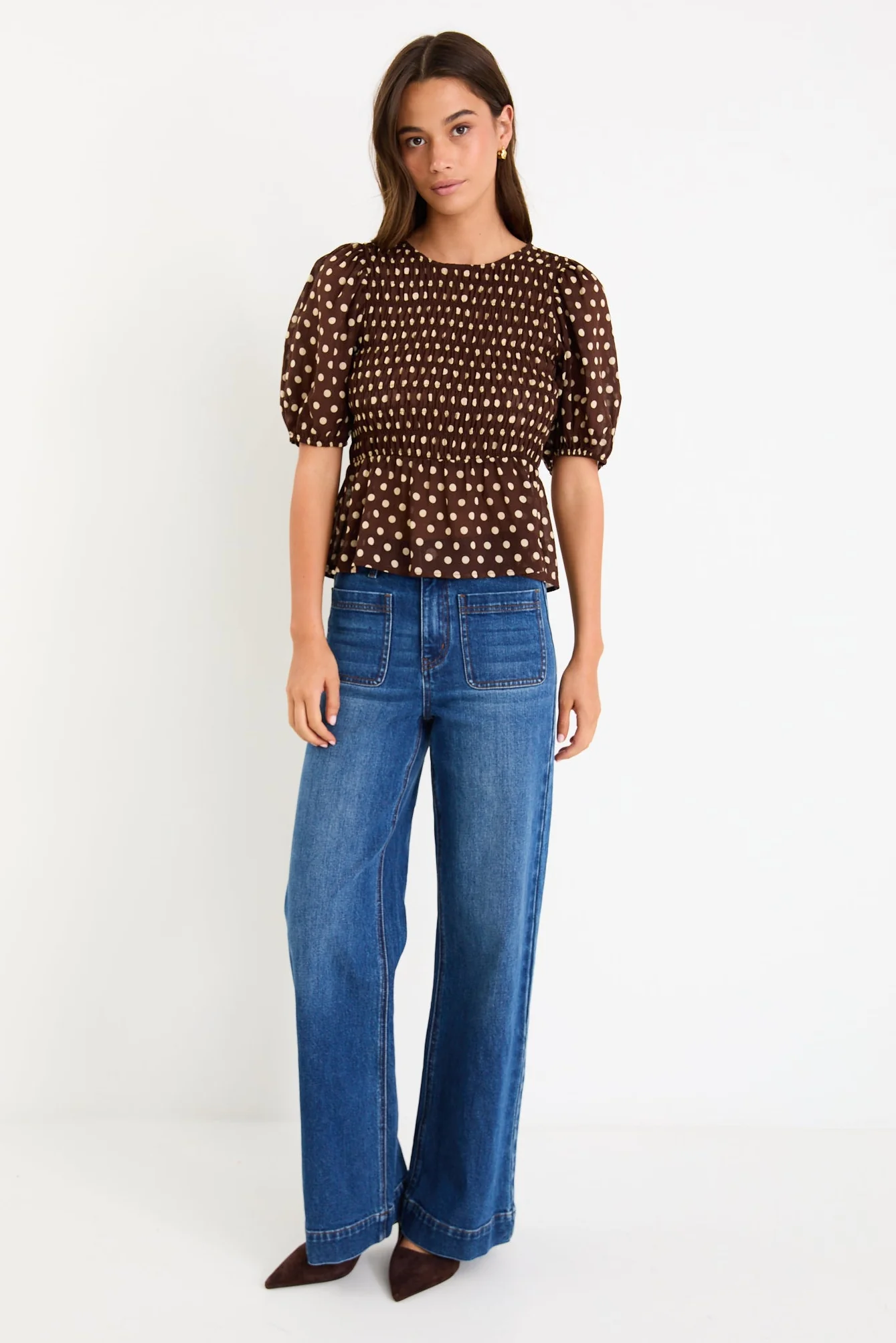 Requite Chocolate Polka Dot Shirred Body SS Top - Image 5