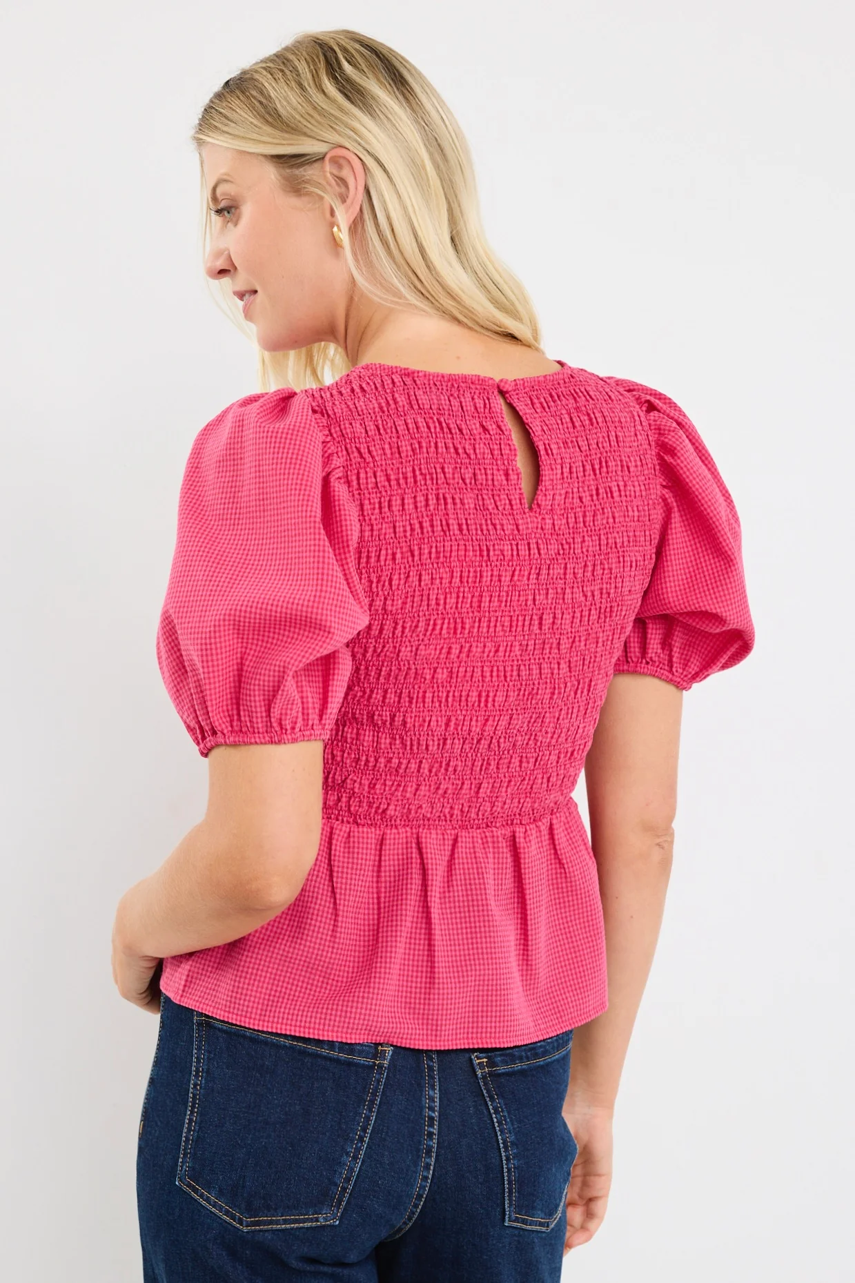 Requite Raspberry Ditsy Gingham Shirred Body SS Top - Image 5