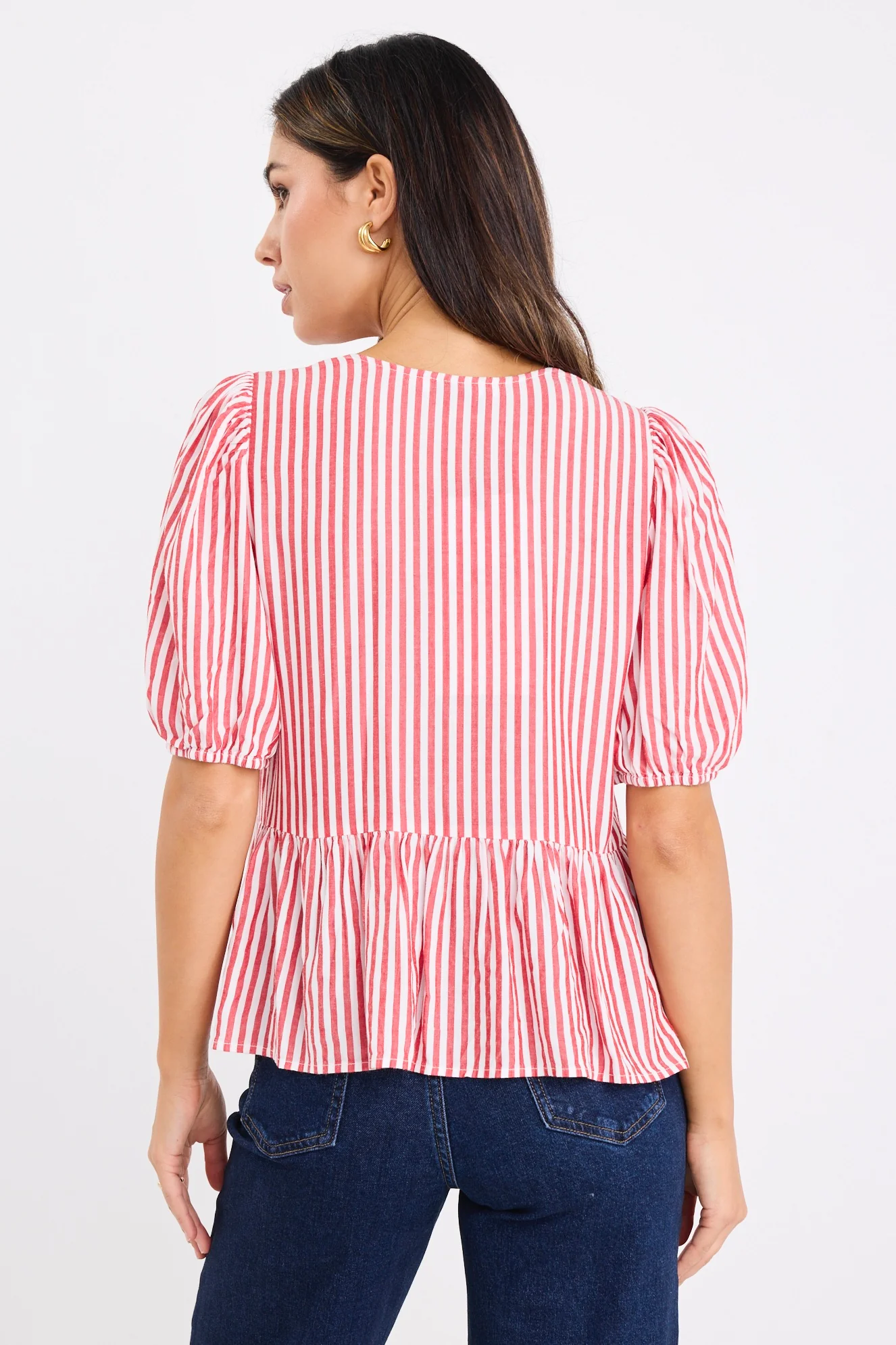 Restore Red Stripe Tie Front Peplum SS Top - Image 5